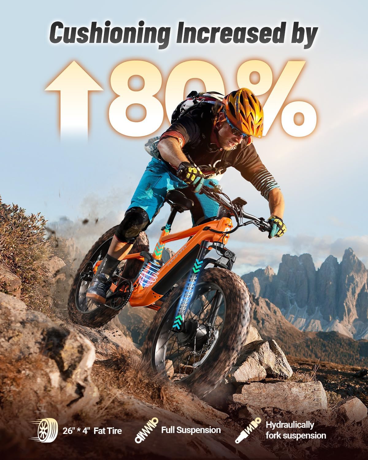 PUCKIPUPPY Dual Motor Electric Bike for Adults 1600W, 48V 20AH Battery with Torque Sensor, Full Suspension, 26' Fat Tire, 28MPH, 80 Mile Range, 8 Speed Mountain Electric Bicycle Golden Retriever Pro