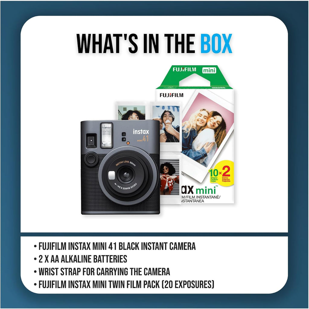 Fujifilm Instax Mini 41 Black Instant Camera with Auto Exposure Control, Selfie Mirror, and Sleek Design Bundle with Intax Mini Twin 20 Exposure Pack
