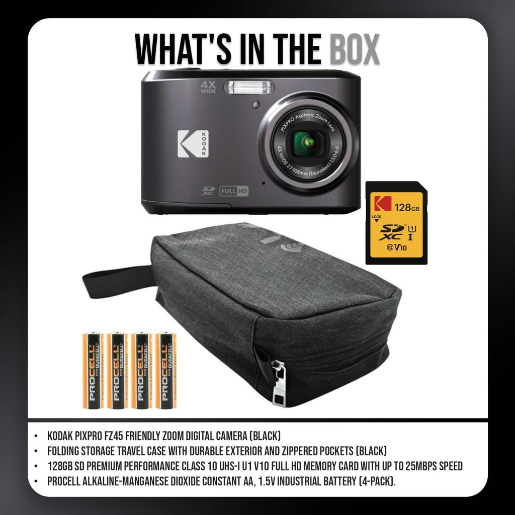 Kodak PIXPRO FZ45 Friendly Zoom Digital Camera (Black) Bundle with Folding Storage Travel Case, 128GB SD Class 10 UHS-I U1 V10 Full HD Memory Card, and Procell AA (4-Pack) (4 Items)