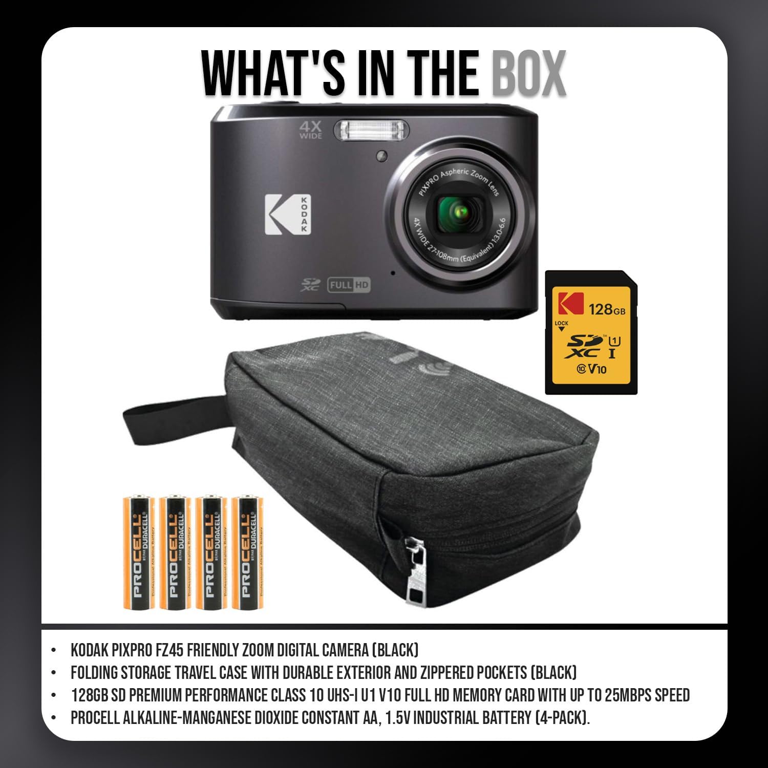 Kodak PIXPRO FZ45 Friendly Zoom Digital Camera (Black) Bundle with Folding Storage Travel Case, 128GB SD Class 10 UHS-I U1 V10 Full HD Memory Card, and Procell AA (4-Pack) (4 Items)