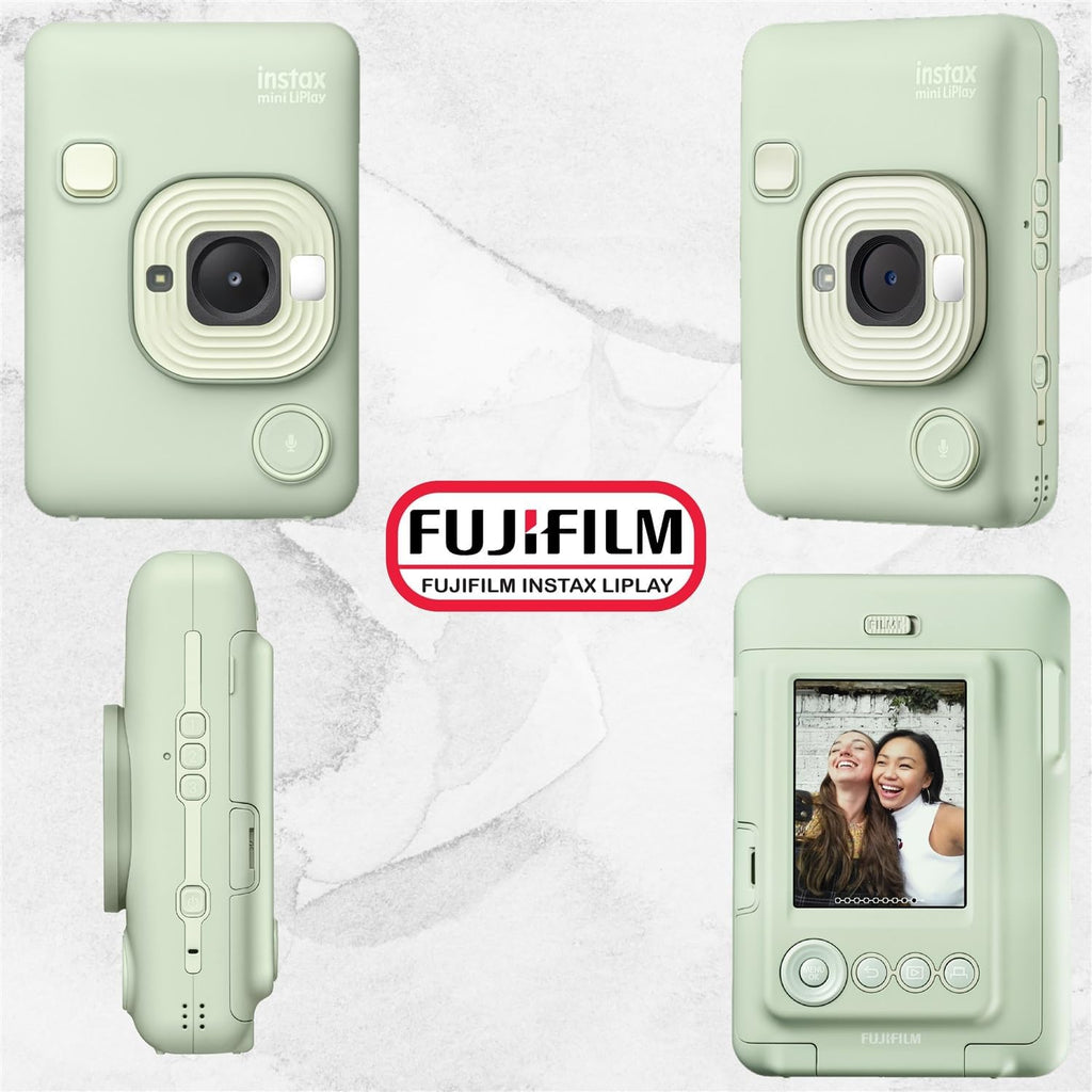 Fujifilm INSTAX Mini LiPlay Hybrid Instant Camera Bundle with 20 Sheets INSTAX Mini Film, 32GB microSD Card, USB Charging Cable, Hand Strap, Cleaning Cloth (Matcha Green)