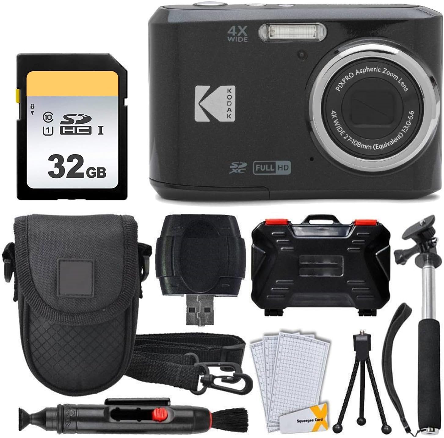 Kodak PIXPRO FZ45 Digital Camera, 32GB Memory Card, Point and Shoot Camera Case, Extendable Monopod, Lens Cleaning Pen, LCD Screen Protectors, Table Top Tripod â€' Ultimate Bundle (Black)