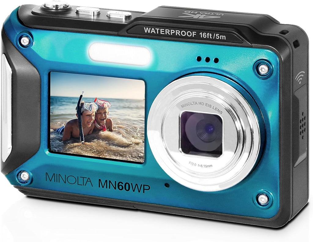 Minolta Waterproof Digital Camera - 48MP Photos, 4K UHD Video, Dual LCD Screens, 16ft Waterproof, 16X Zoom, Anti-Shake, Slow Motion, Compact Point-and-Shoot for Travel & Underwater (Blue)
