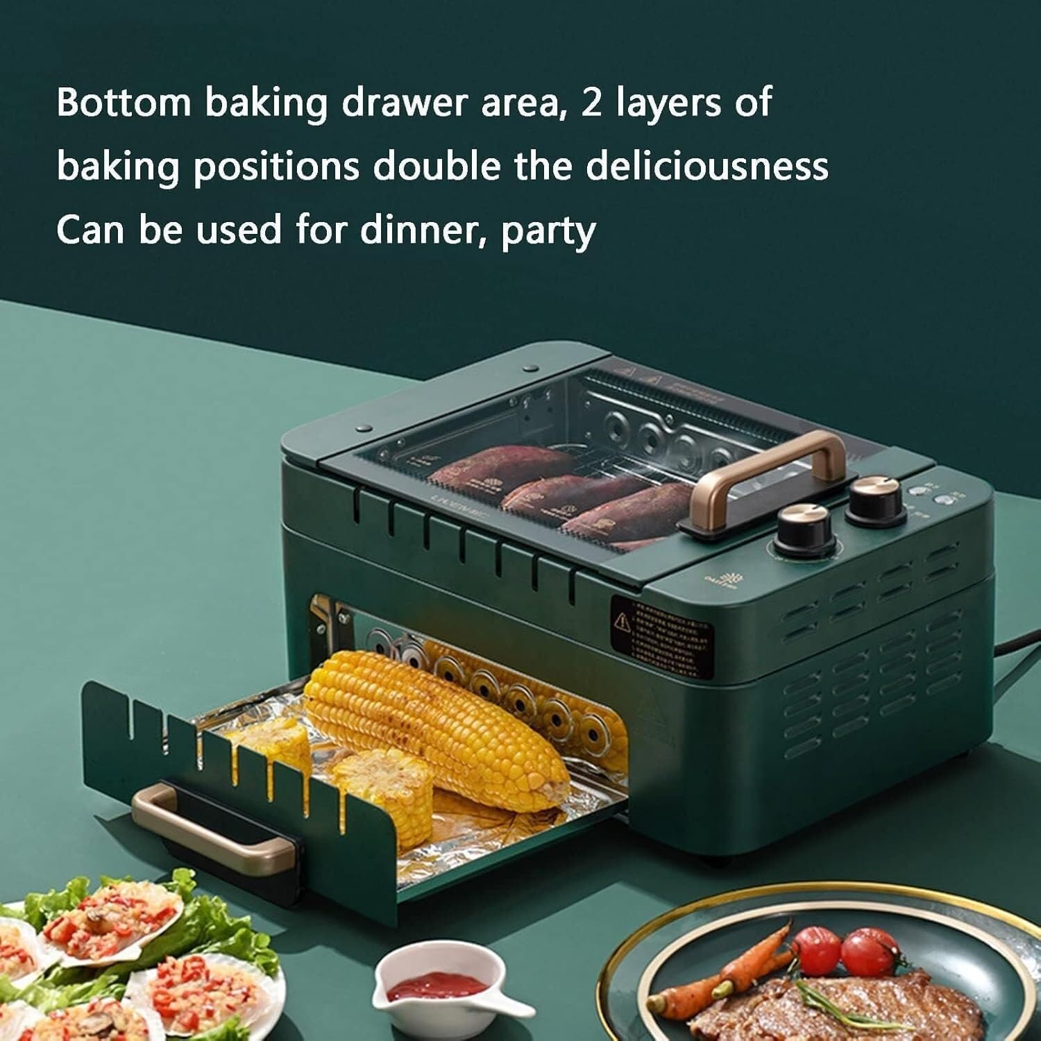 Electric Kebab BBQ Grill, 1000W Automatic Rotating Skewer Maker, 2-layer Multifunctional Smokeless Barbecue Grill, Non-Stick Surface and Temperature Control, for Parties Home