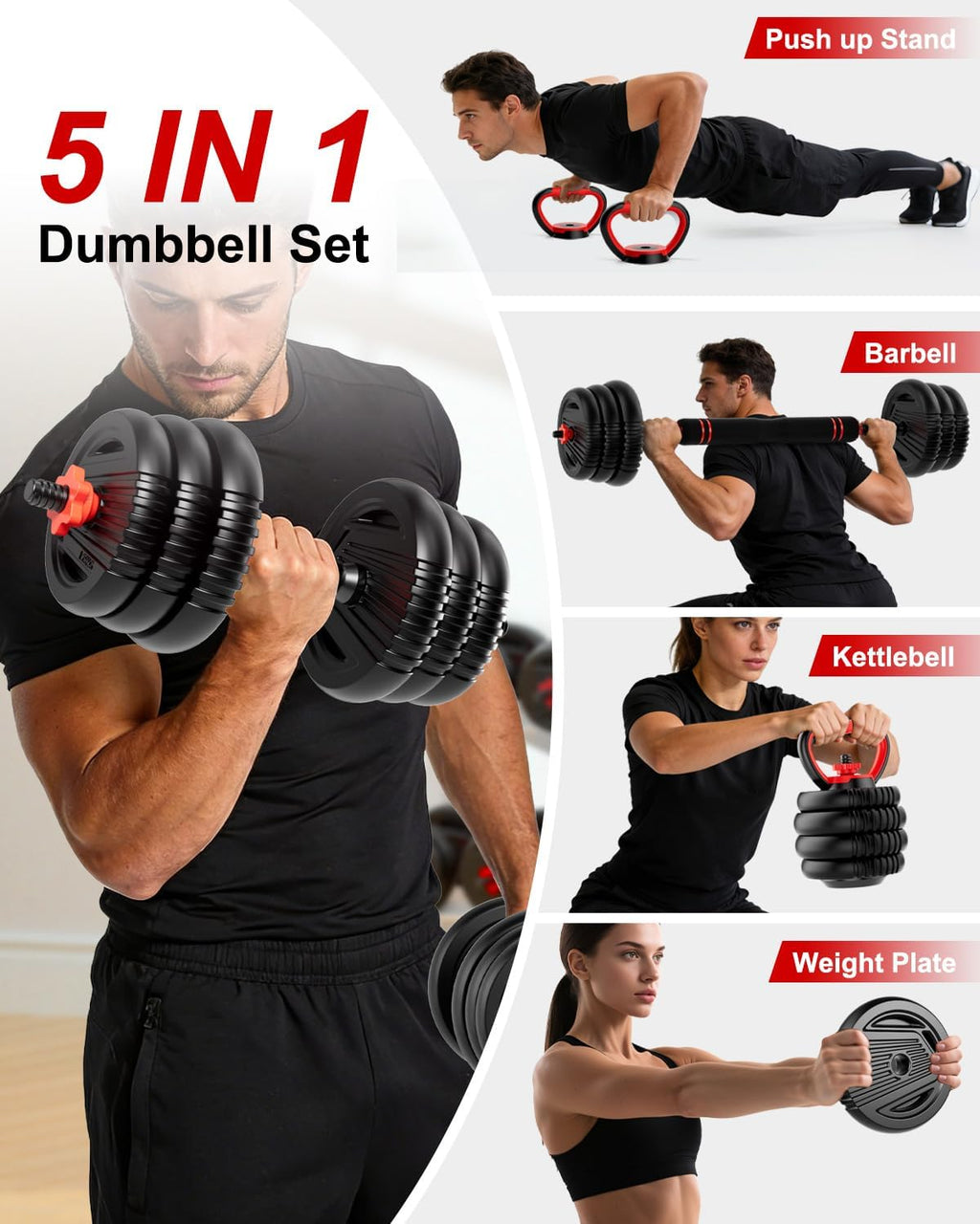 Adjustable Dumbbells, 20/30/45/70/90lbs Free Weight Set with Connector,5 in1 Dumbbells Set Used as Barbell,Kettlebells,Push up Stand,Fitness Exercises for Home Gym Suitable Men/Women