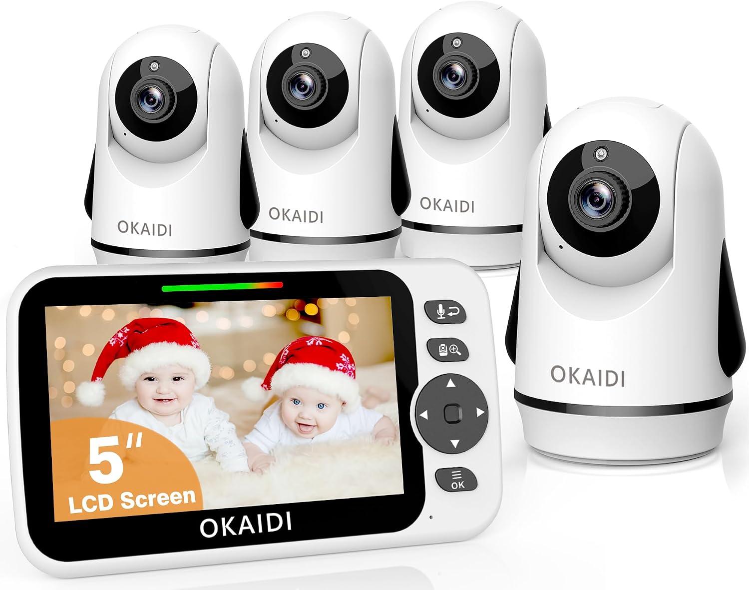 OKAIDI Video Baby Monitor with 4 Cameras, 5' Display Baby Monitor No WiFi, 30H Battery and 1000ft Range, 2-Way Talk, 8 Lullabies, Remote Pan-Tilt-Zoom Baby Camera for Baby Pet Elderly