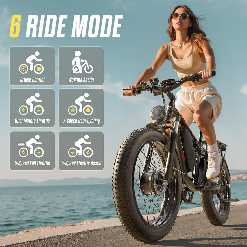 6000W Dual Motor Ebike for Adults, 60V 20Ah Fast Electric Bike 45mph,Up to 110 Miles,24' Fat Tire Full Suspension Electric Bike for Snow Off-Road Commuter Mountain E-Bike for Men Women