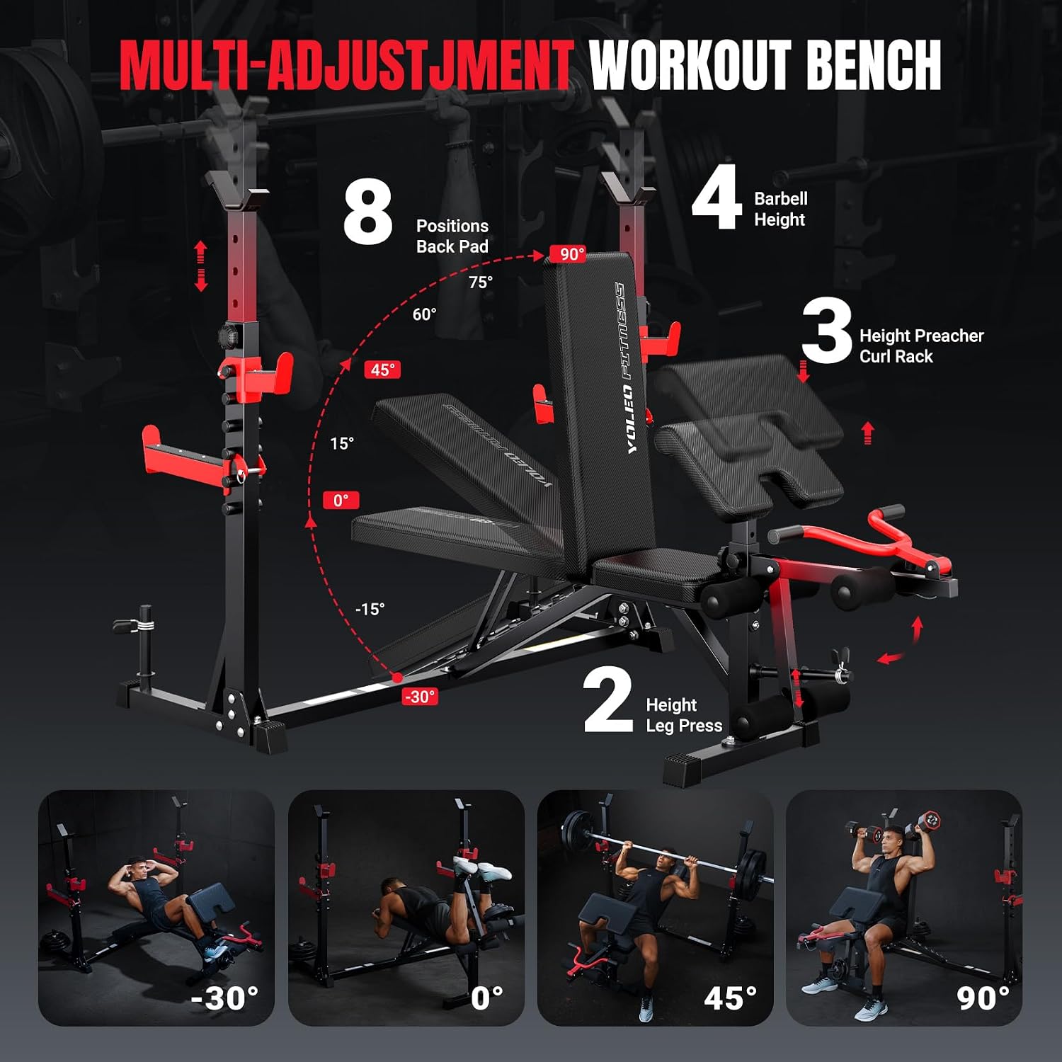 Yoleo Weight Bench with Rack - Bench Press Set, Leg Extension, Preacher Curl & Flat/Incline/Decline Full Body Workout Bench, Adjustable Olympic Weight Benches for Home Gym(47.44IN WIDE GRIP)