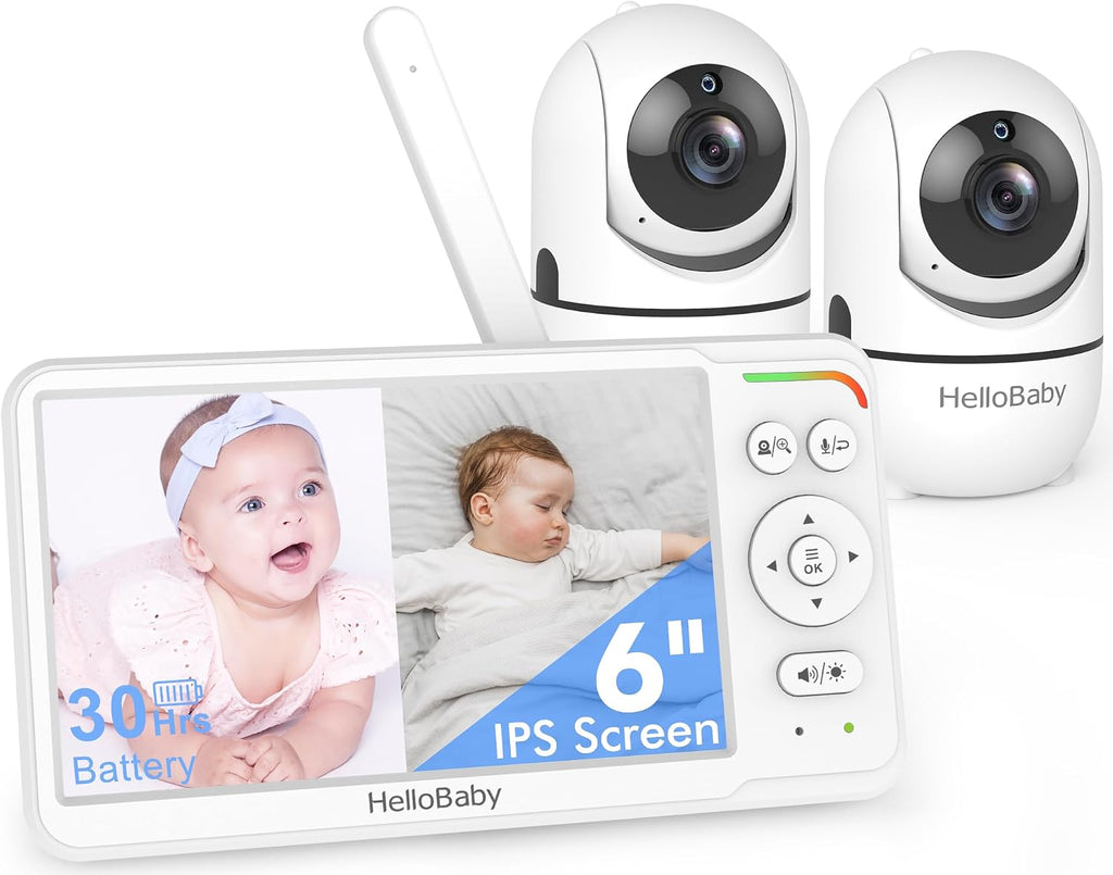 HelloBaby Baby Monitor with 2 Cameras, World First 6' IPS Split Screen, Double Cameras No WiFi, 30H Battery, 2-Way Audio, Pan-Tilt-Zoom, VOX Mode, Night Vision, 8 Lullabies, 1000ft Range