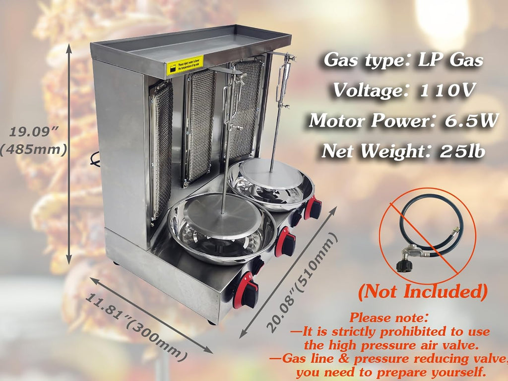 INTSUPERMAI Shawarma Grill Machine LP Gas Doner Kebab Machine Vertical Broiler Gyro Machine Meat Roasting Machine with 3 Burners Countertop Rotating Doner Kebab Oven for Home Commicial Restaurant Use