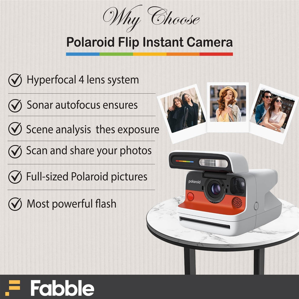 Polaroid Flip Instant Camera White Bundle with Color i-Type Film (8 Photos), Hard Protective Case, 6ft USB Type-C Cable, and Grey Microfiber Cleaning Cloth
