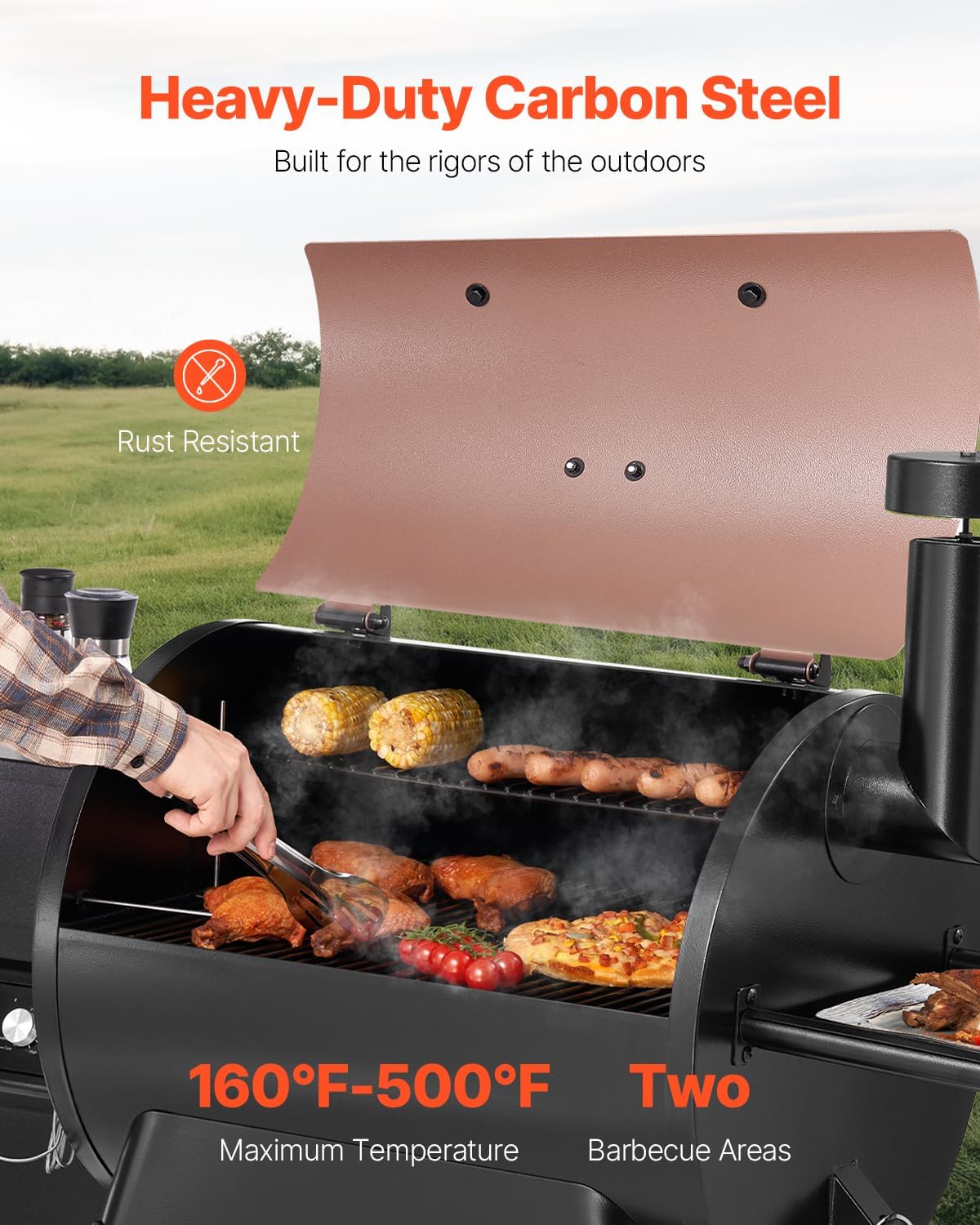 VEVOR Wood Pellet Grill Smoker, 8 in 1 BBQ Grills for Outdoor Cooking, 575 Square Inches Cook Area Electric Grill and Smoker, with LCD Screen Controller, Meat Probe, 500°F Max Temperature, Black