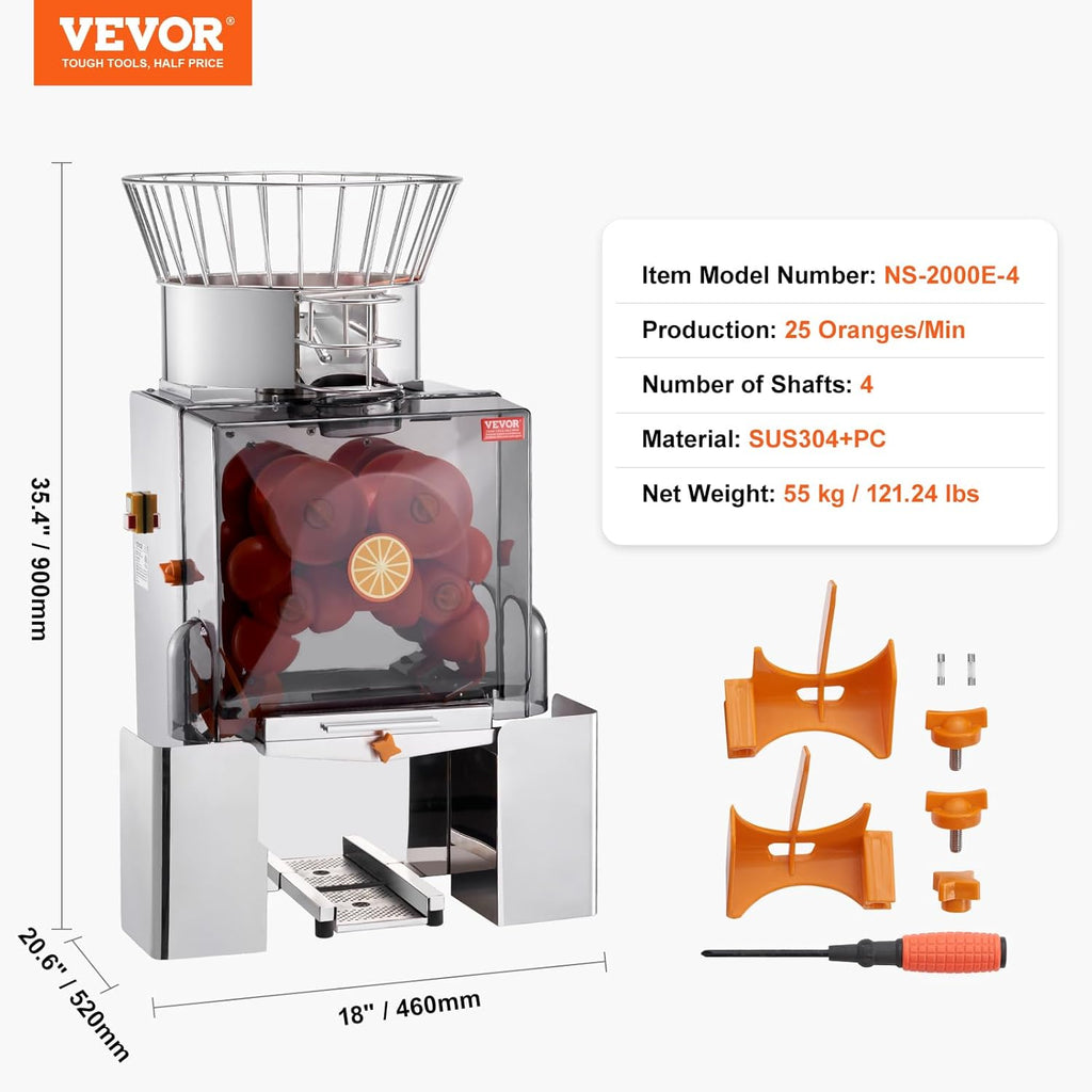 VEVOR Commercial Orange Juicer Machine, 120W Automatic Feeding Juice Extractor, Stainless Steel Juice Extractor for 25 Oranges Per Minute, with Pull-Out Filter Box, PC Cover, 2 Peel Collecting Buckets