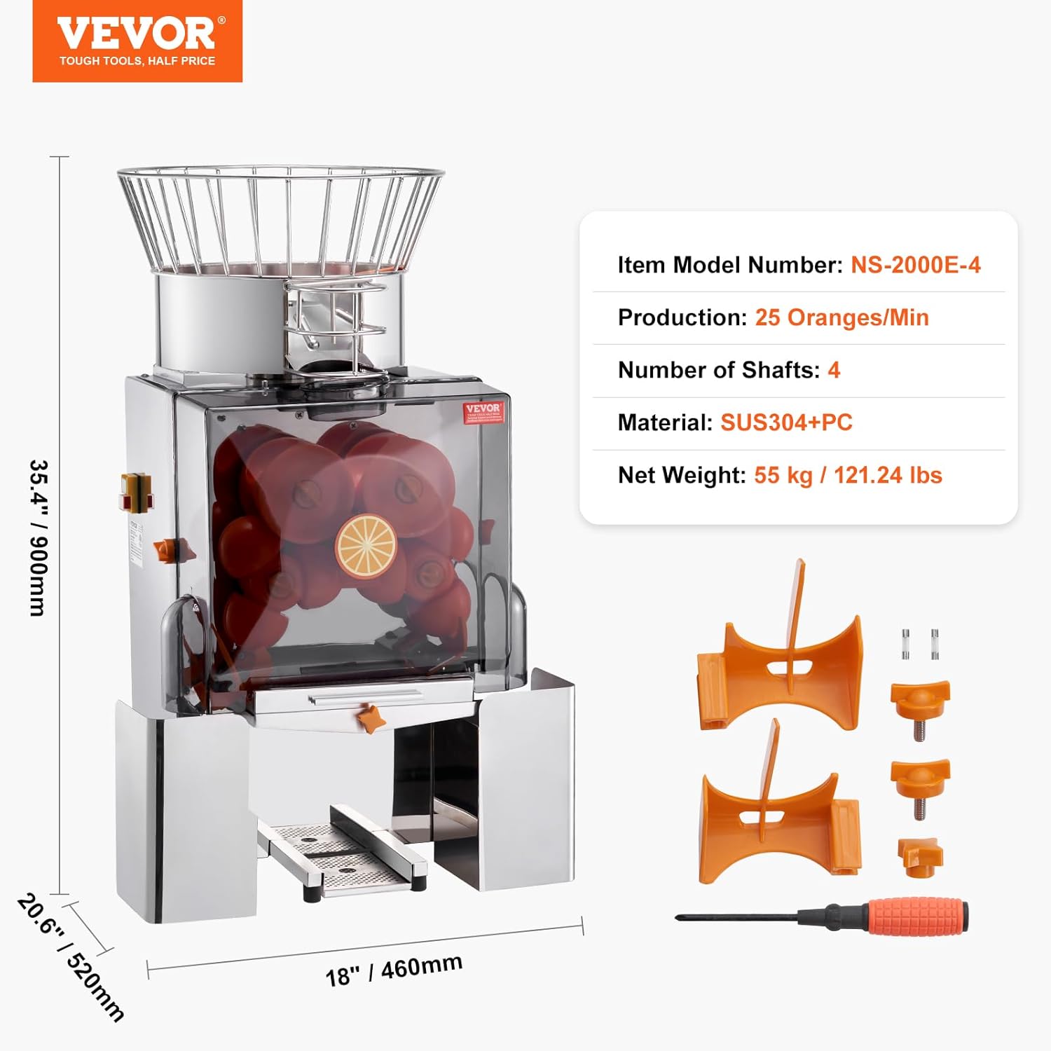 VEVOR Commercial Orange Juicer Machine, 120W Automatic Feeding Juice Extractor, Stainless Steel Juice Extractor for 25 Oranges Per Minute, with Pull-Out Filter Box, PC Cover, 2 Peel Collecting Buckets