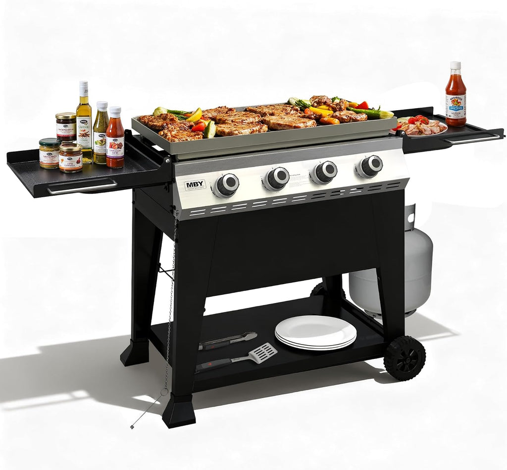 32 Inch Outdoor Flat Top Gas Propane Griddle with 4 Burners 40,000BTU,Powder Coated Steel Portable Gas Grill with Side Shelves for BBQ,Camping,Backyard