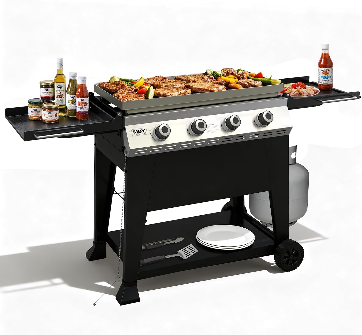 32 Inch Outdoor Flat Top Gas Propane Griddle with 4 Burners 40,000BTU,Powder Coated Steel Portable Gas Grill with Side Shelves for BBQ,Camping,Backyard