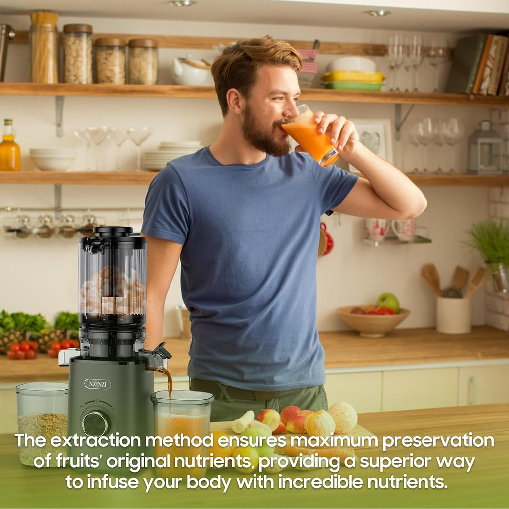 BPA Free Cold Press Juicer, Slow Juicer Machine Easy to Clean, Self-Feeding Masticating Juicer with Large Feed Chute for Whole Fruits and Vegetables, High Juice Yield, Gray