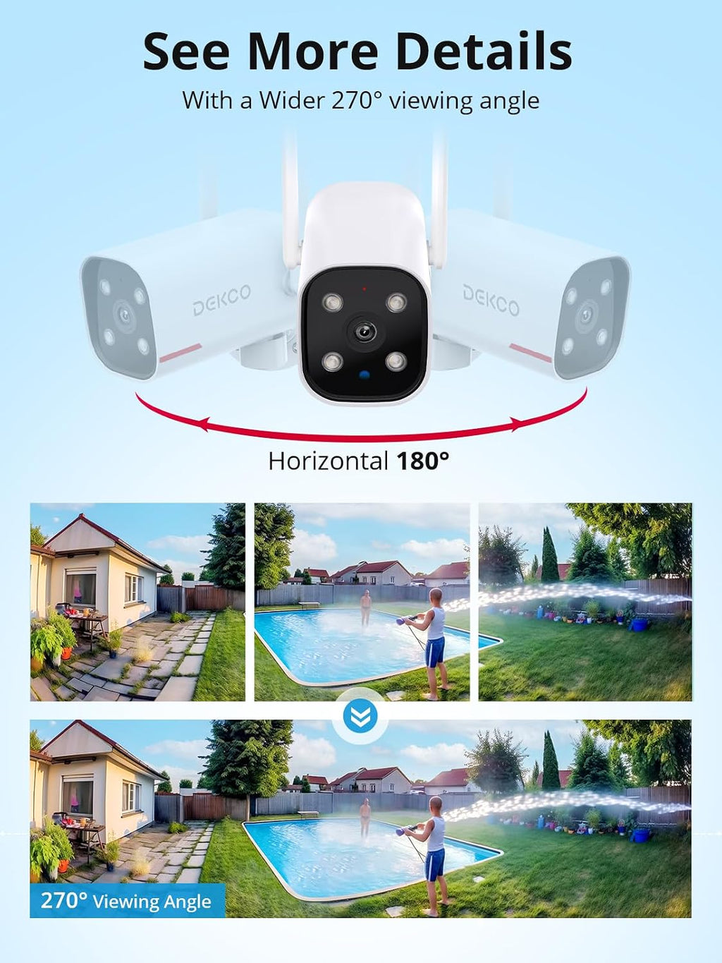 DEKCO 4 Pack Wired Home Camera Outdoor with 2K Color Night Vision, Pan Rotating 180° Security Cameras Support 24/7 Recording, 2.4GHz WiFi, AI Human Auto Tracking, Work with Alexa/Google Assistant