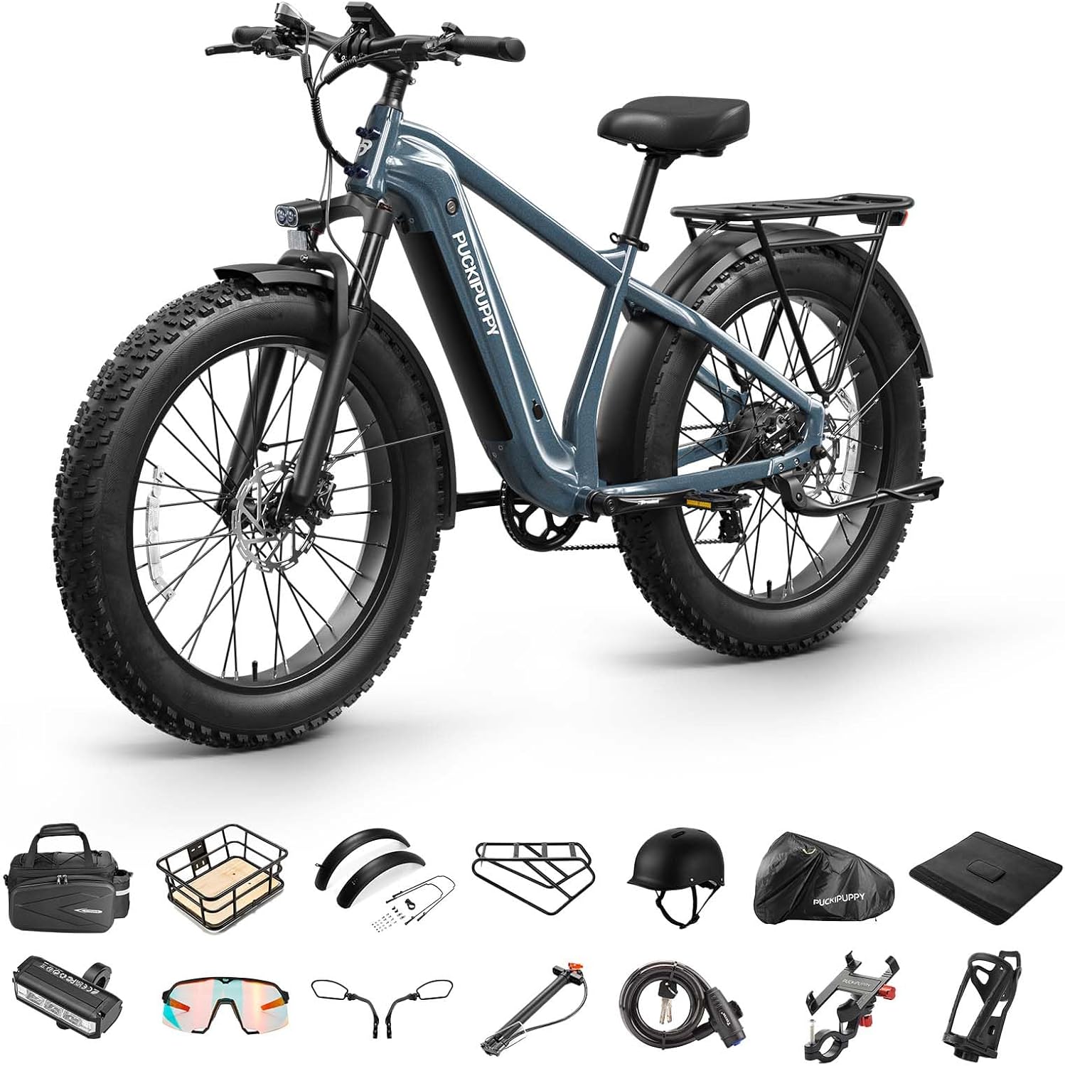 PUCKIPUPPY Electric Bike for Adults 960W, 26' Fat Tire 80Miles Range Electric Mountain Bike, 48V 15AH Removable Battery Ebike, 28MPH 7 Speed Aluminum Frame E Bike with Rear Storage Shelf