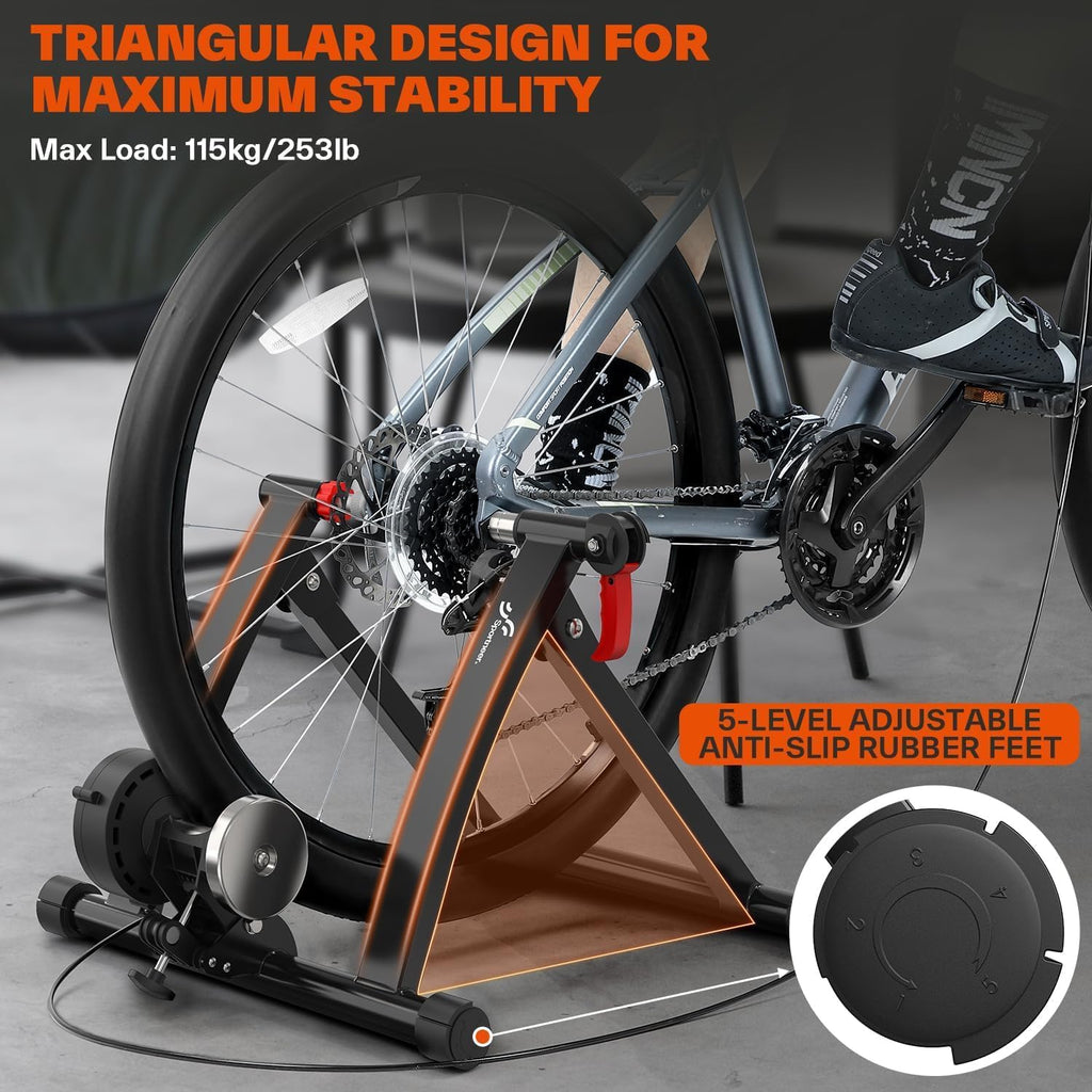 Sportneer Bike Trainer - Magnetic Stationary Bike Stand for 26-28' & 700C Wheels - Adjustable 6 Level Resistance Bike Trainer Stand for Indoor Riding with Quick Release Lever & Front Wheel Riser Block