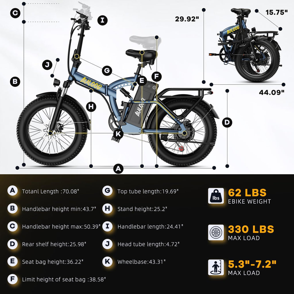 Foldable Electric Bike for Adults, 48V 20Ah Removable Lithium Battery up to 80Miles, 20' Fat Tire 1000W Peak Motor Dirt Ebike Adult Electric Bicycle for Commute Beach Mountain E Bike