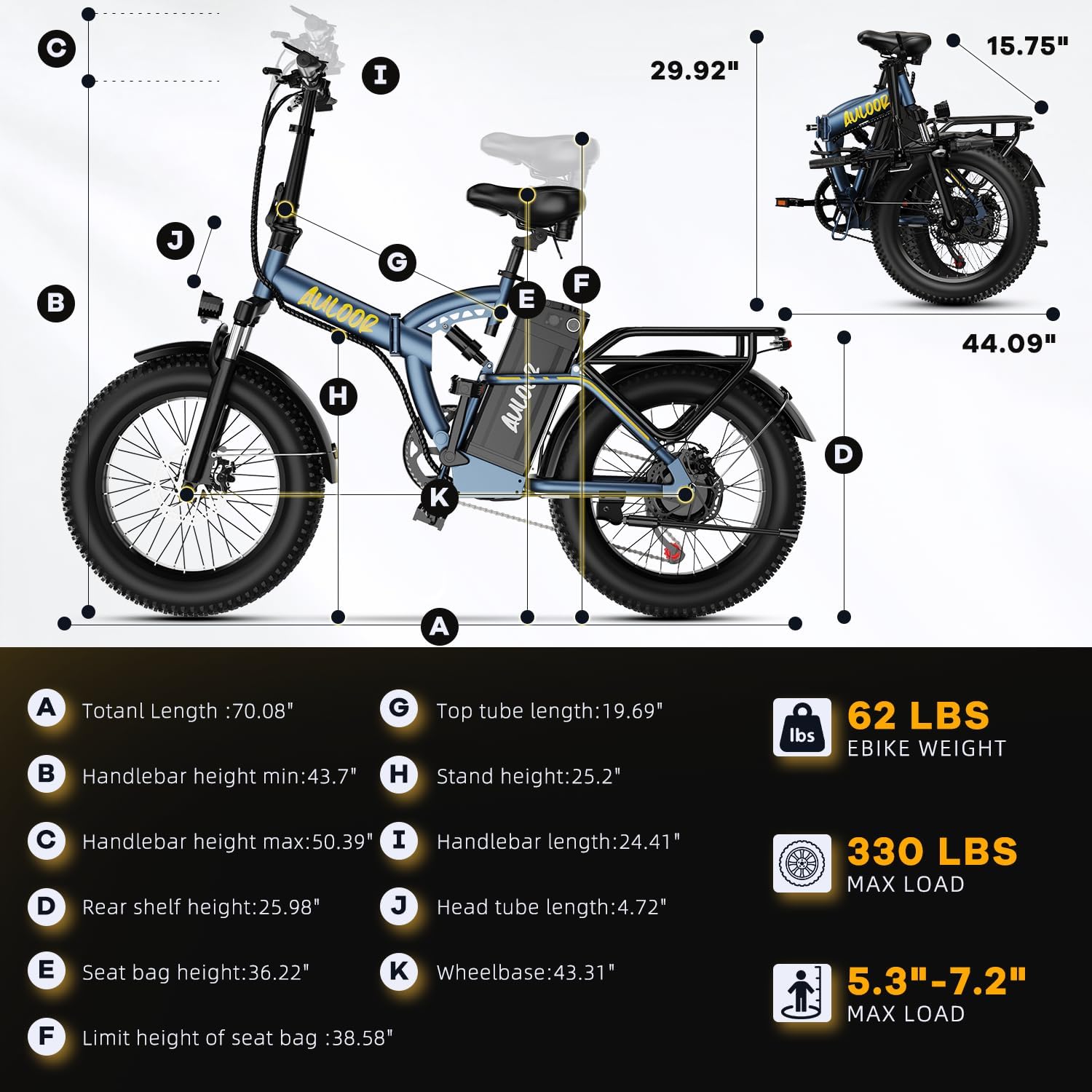 Foldable Electric Bike for Adults, 48V 20Ah Removable Lithium Battery up to 80Miles, 20' Fat Tire 1000W Peak Motor Dirt Ebike Adult Electric Bicycle for Commute Beach Mountain E Bike
