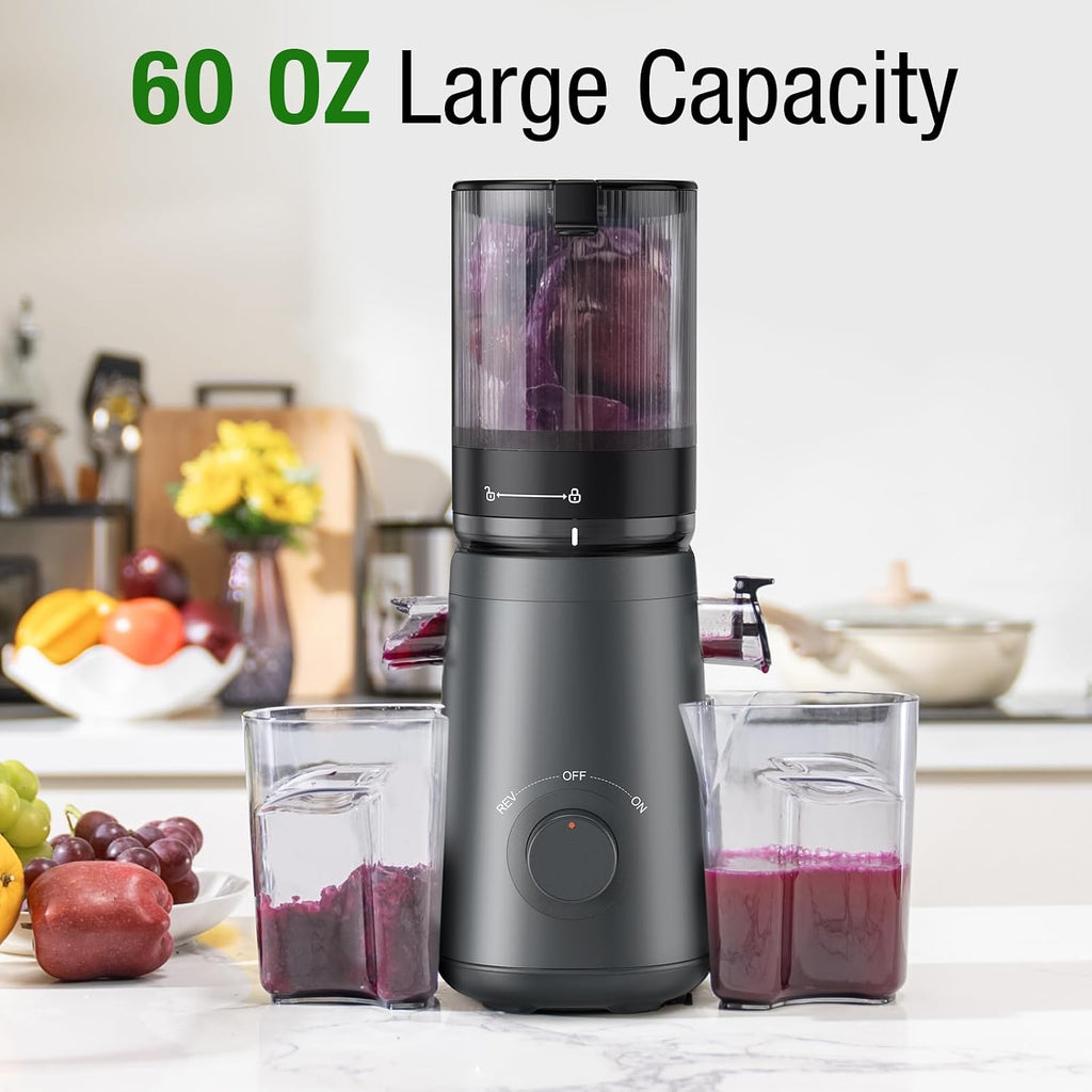 TUUMIIST Cold Press Juicer Machine, 5.3 Inch Extra Large Feed Chute for Whole Fruits, Easy to Clean Slow Juicer, High Yield, BPA Free - Grey