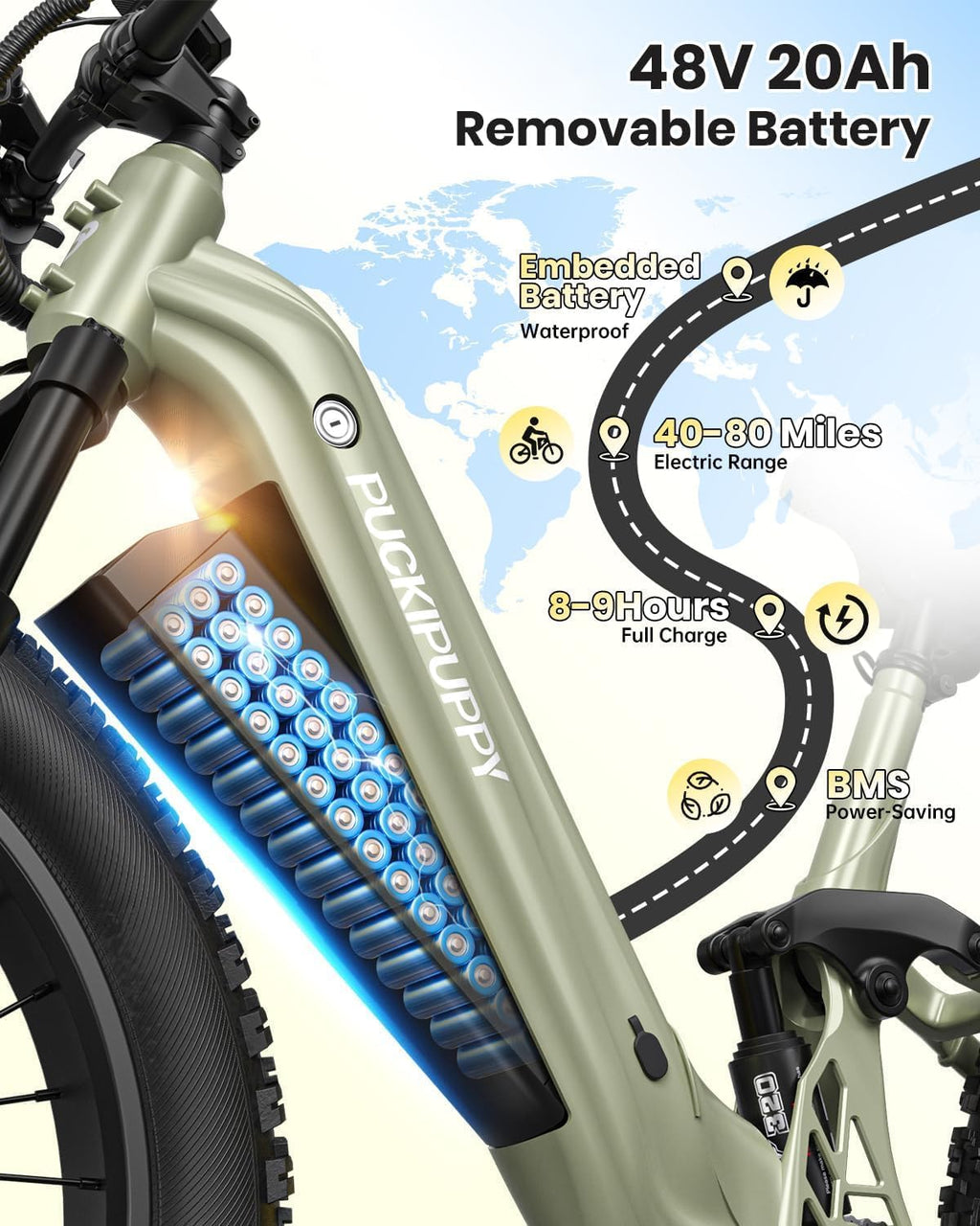 PUCKIPUPPY Parcel+Battery, Electric Bike for Adults 960W, 48V 20AH Battery Adult Electric Bicycles, 26' Fat Tire Full Suspension Step-Thru Ebike, 28MPH Mountain Ebike, 7 Speed, 80Miles Range