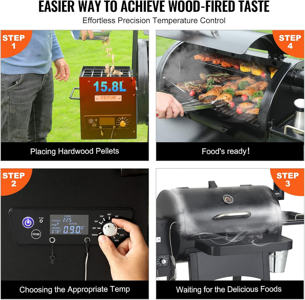 VEVOR Smoker Grill, Portable Wood Pellet Grill with Cart, 8 IN 1 BBQ Grill with PID Temperature Control for Outdoor Cooking, Barbecue Camping, Picnic, 730 sq, Patio and Backyard, Black