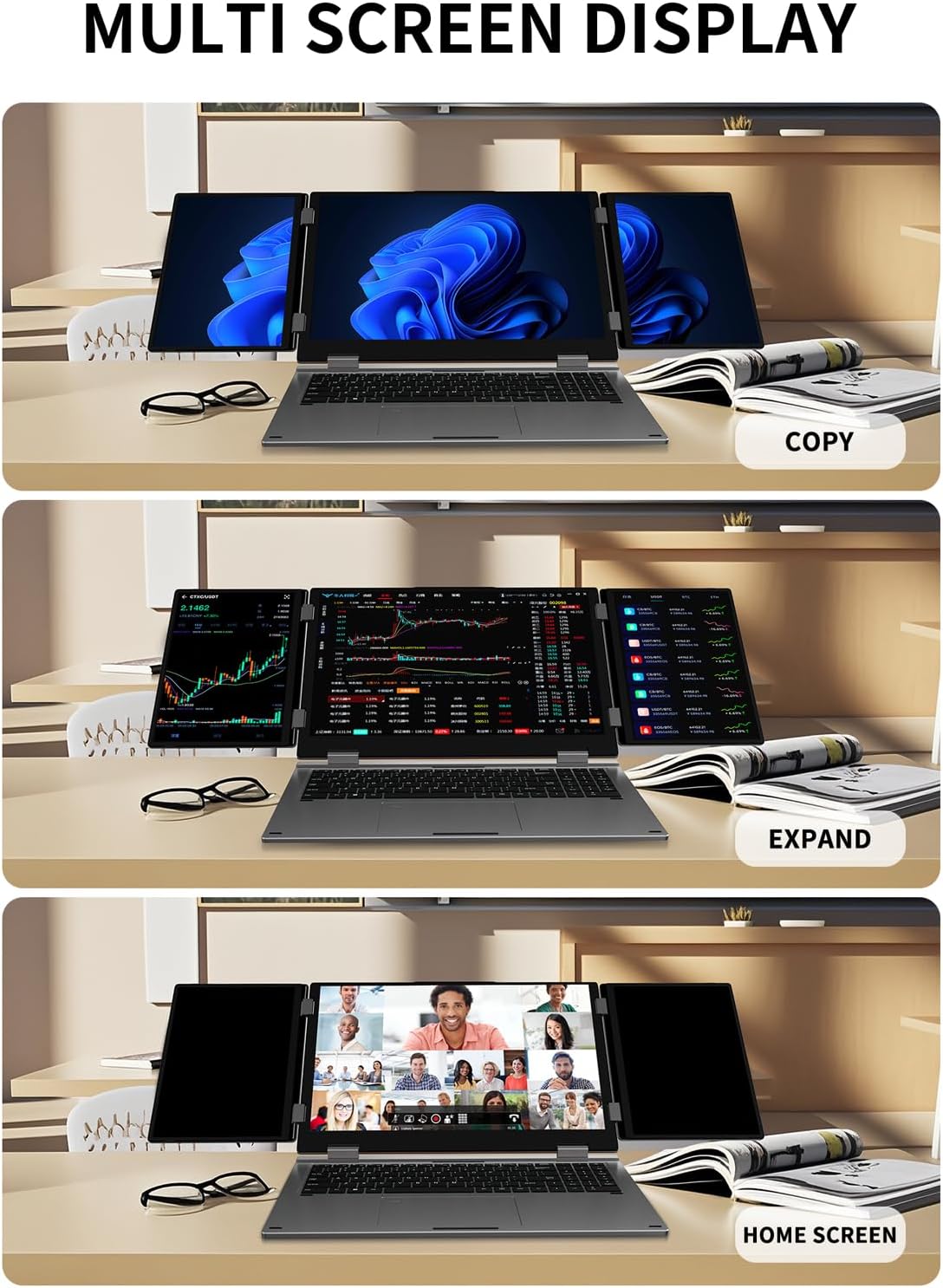 KOOFORWAY Triple Screen Laptop, 16' Main + Dual 10.5' Monitors, Core i7-12700H, 32GB RAM, 2TB SSD, Win 11 Pro, Wi-Fi 5, BT 5.0, Face & Fingerprint Unlock, USB-C, HDMI