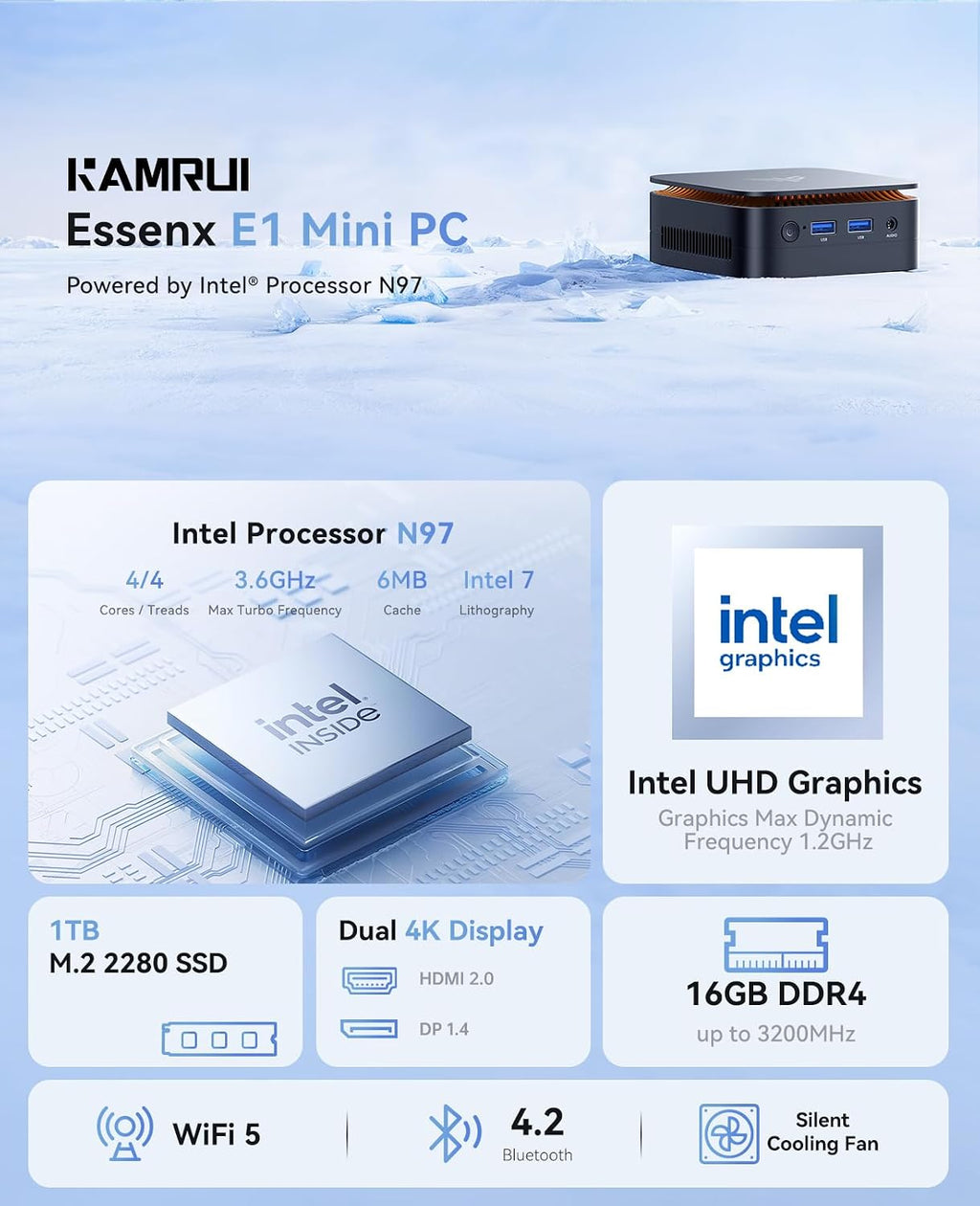 KAMRUI Essenx E1 N97 Mini PC, Dual 4K HDMI, 16GB RAM 256GB SSD, High-Speed Gigabit Ethernet Wi-Fi Bluetooth Ultra Silent
