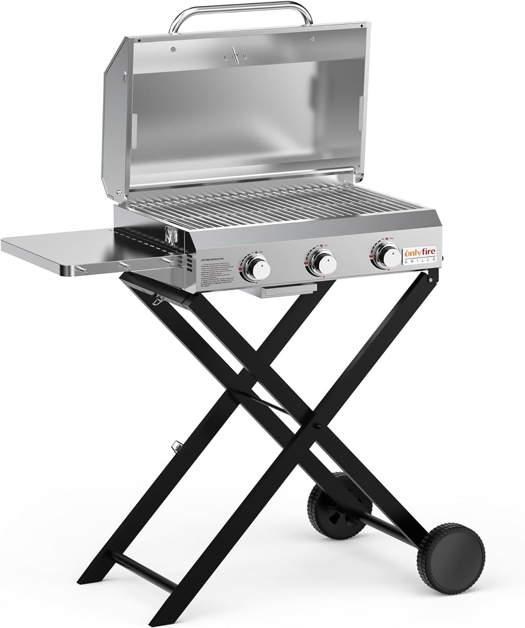 BBQ Gas Grill 3-Burner with Foldable Cart & Side Table, Premium Portable Propane Grill with 22' Cooking Grate for Outdoor Patio Backyard Barbecue Camping Tailgating RV, Stainless Steel, Classic GS308
