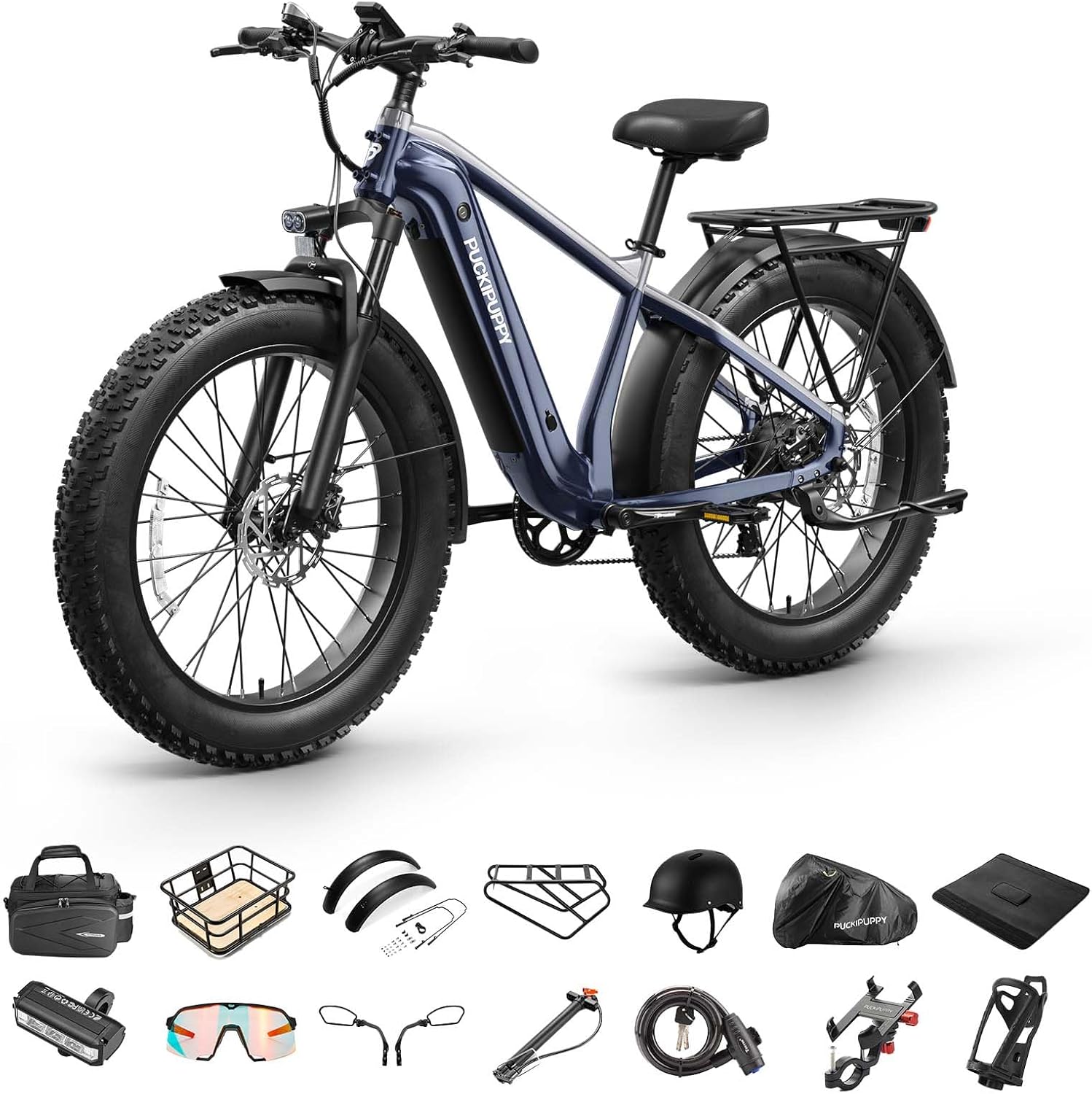 PUCKIPUPPY Electric Bike for Adults 960W, 26' Fat Tire 80Miles Range Electric Mountain Bike, 48V 15AH Removable Battery Ebike, 28MPH 7 Speed Aluminum Frame E Bike with Rear Storage Shelf