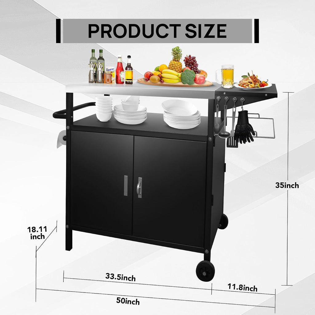 35' H Outdoor Grill Cart- Outdoor BBQ Prep Table, Lockable Wheels & Magnetic Cabinet for Patio, Backyard, Tailgating
