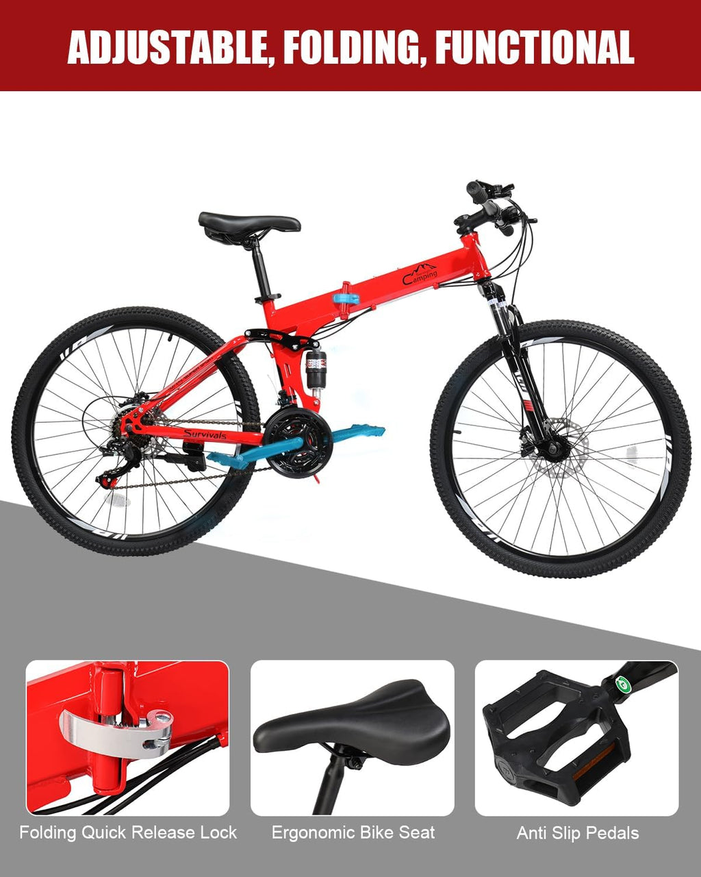 CamPingSurvivals Folding Mountain Bike, 26/27.5' Women's & Men's Bicycle, 21 Speed Foldable Bike for Adults with Dual Suspension, Dual Disc Brake, Adjustable Saddle & Precision Twist Shifting