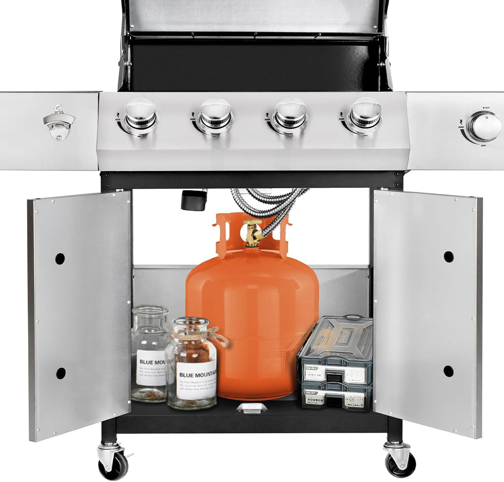 Kendane 4-Burner Propane Gas BBQ Grill with Side Burner, Barbecue Gas Grill with Enameled Cast Iron Grates for Outdoor Patio Garden Barbecue, 53,000 BTU, Stainless Steel Grill Cover included