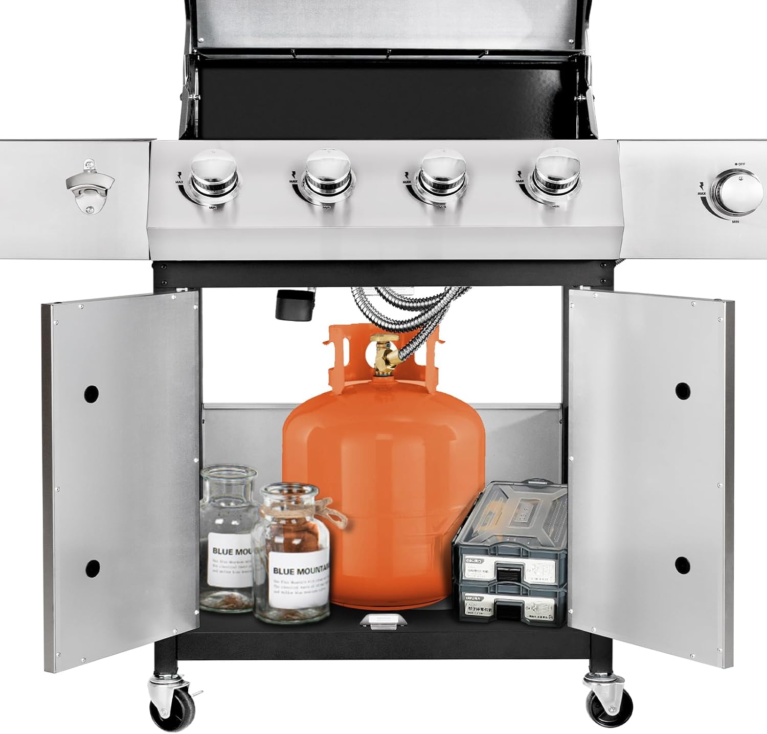 Kendane 4-Burner Propane Gas BBQ Grill with Side Burner, Barbecue Gas Grill with Enameled Cast Iron Grates for Outdoor Patio Garden Barbecue, 53,000 BTU, Stainless Steel Grill Cover included