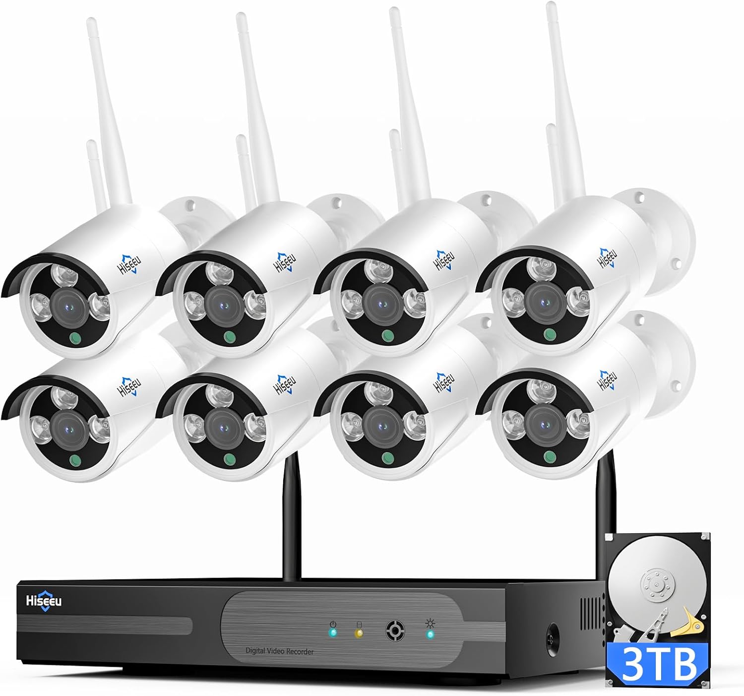 Hiseeu 4K Home Security Camera System, 24/7 Recording, 16CH NVR Kit, Corded Powered 8Pcs 8MP Outdoor Wireless WiFi Cameras, Color Night Vision, Two-Way Audio, Motion Detection, 3TB HDD, 2.4G & 5GHz