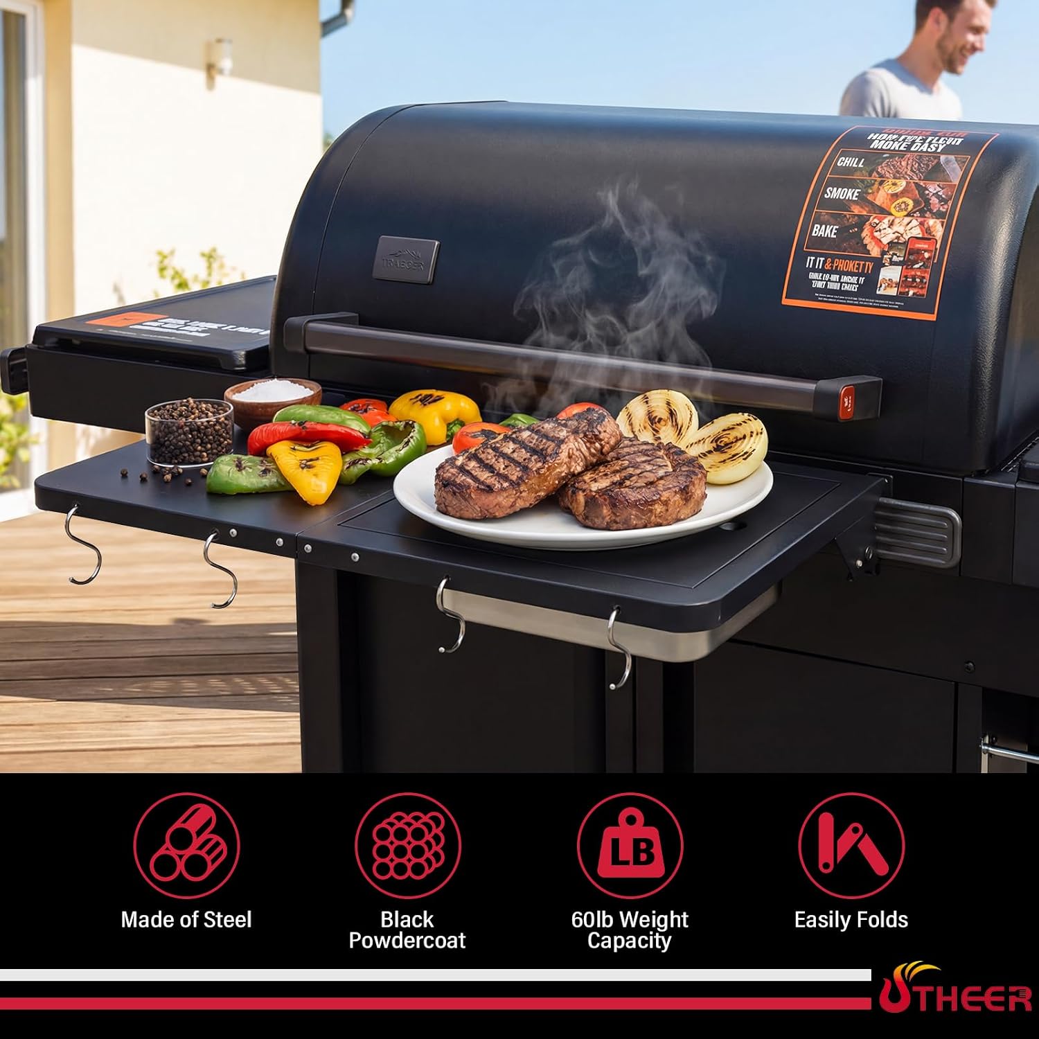 Utheer Upgraded Folding Front Shelf for Traeger Woodridge Pro, Woodridge Pro Plus, Woodridge Elite & Ironwood/Ironwood XL Pellet Grill, 28' BBQ Prep Table with Cutting Board, Basin & 4 Hooks