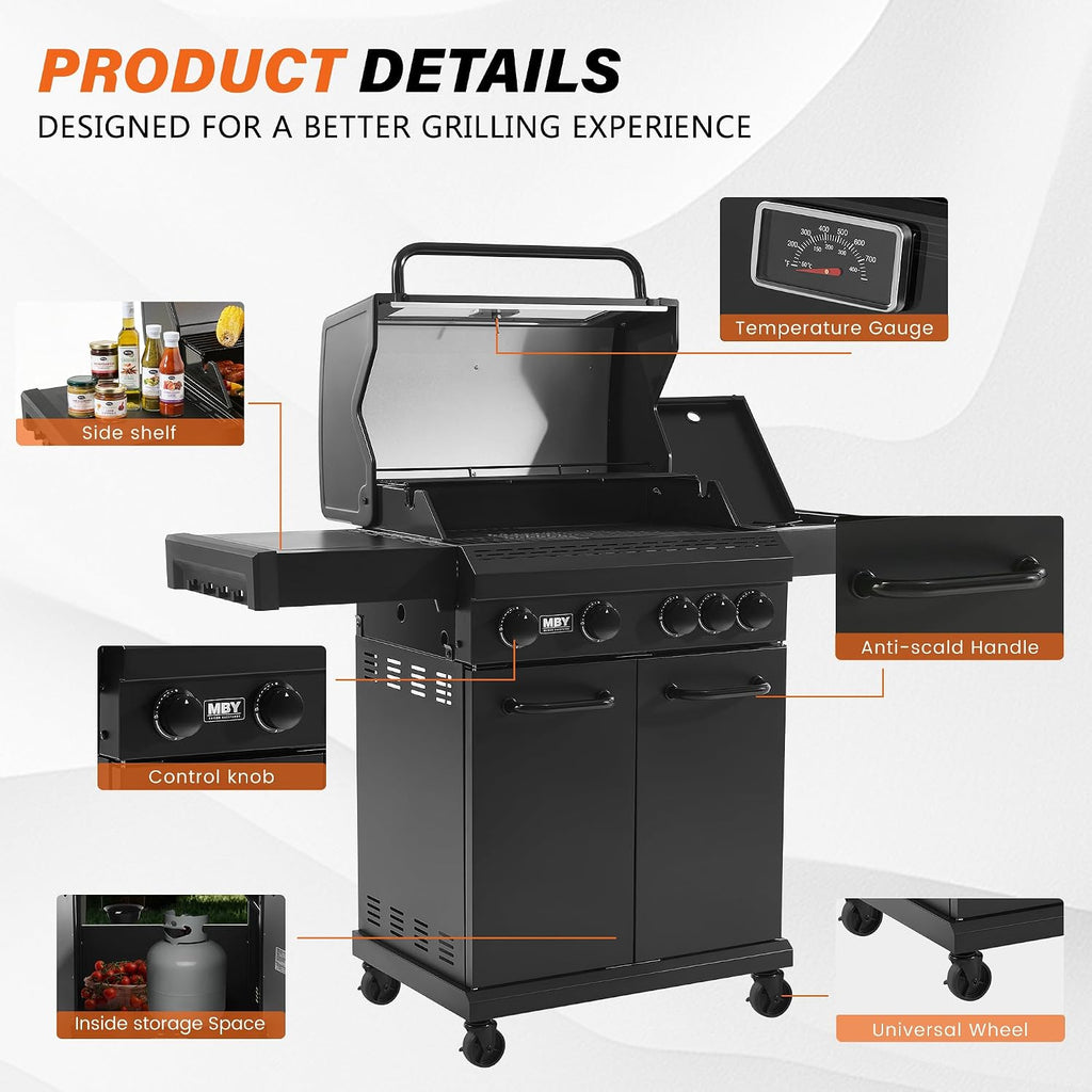 4+1 Burner Propane Gas Grill,47,000 BTU Outdoor BBQ with Enameled Cast Iron Grates and Side Tables, Portable for Backyard, Patio,Camping,3-in-1 BBQ Grill and Griddle Combo,555 Sq.in Cook Area