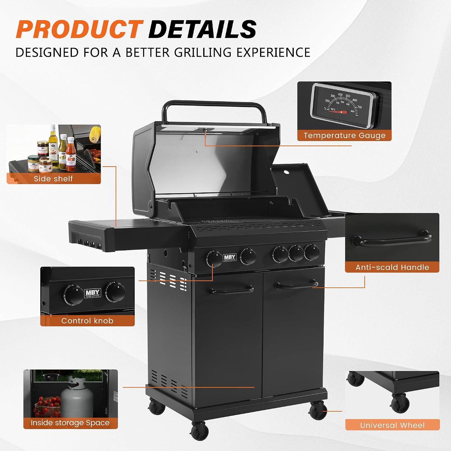 4+1 Burner Propane Gas Grill,47,000 BTU Outdoor BBQ with Enameled Cast Iron Grates and Side Tables, Portable for Backyard, Patio,Camping,3-in-1 BBQ Grill and Griddle Combo,555 Sq.in Cook Area