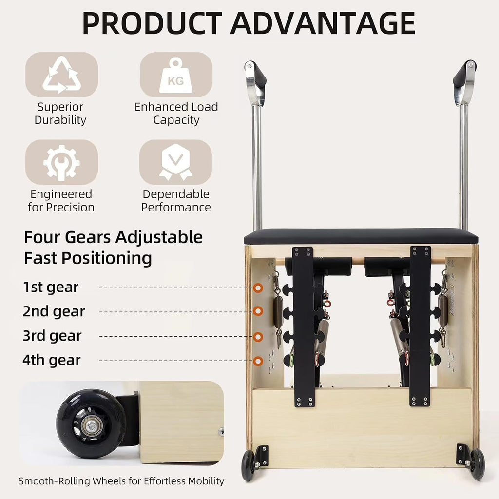 Pilates Chair, Split-Pedal Stability Combo Chair with Handles, Wunda Chair Pilates Machines for Home Use and Studio, 90% Assembled