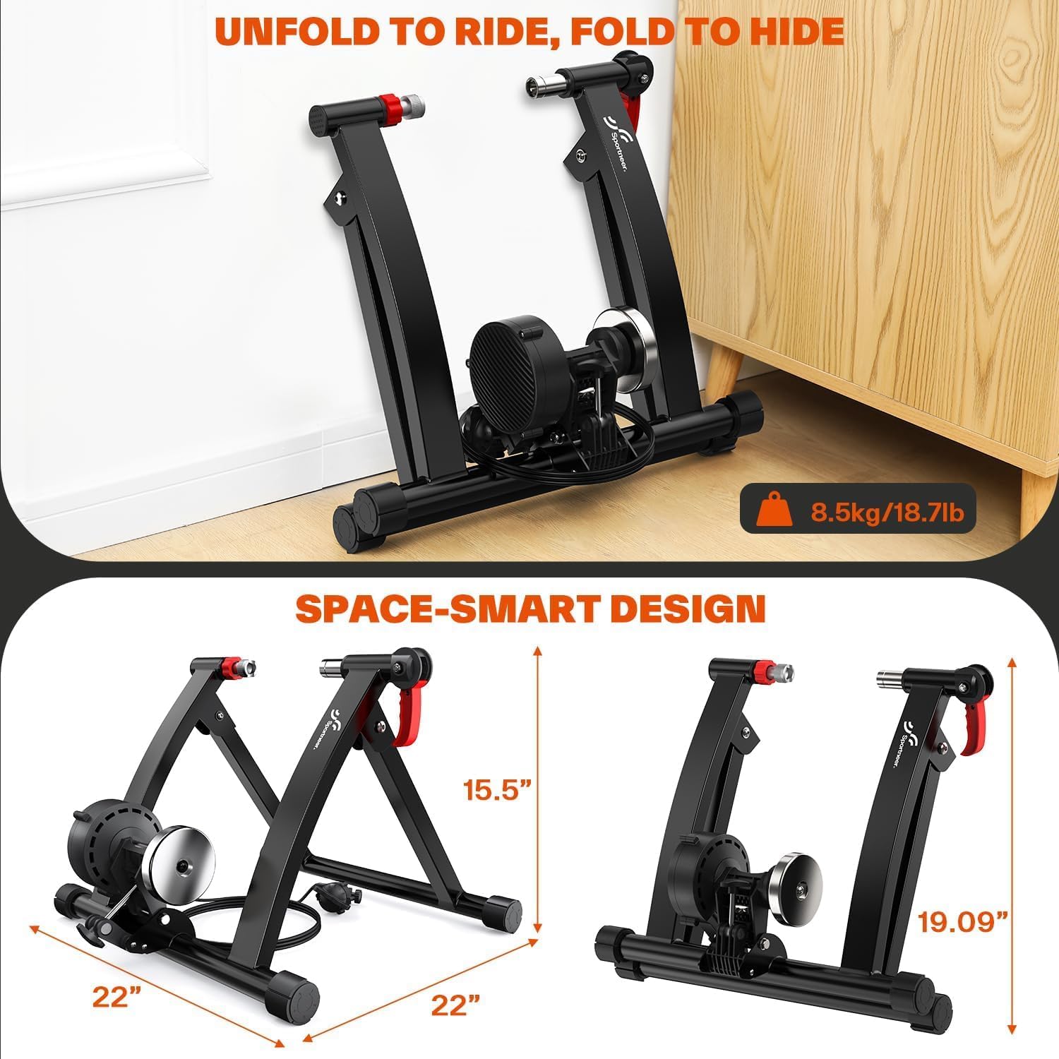 Sportneer Bike Trainer - Magnetic Stationary Bike Stand for 26-28' & 700C Wheels - Adjustable 6 Level Resistance Bike Trainer Stand for Indoor Riding with Quick Release Lever & Front Wheel Riser Block
