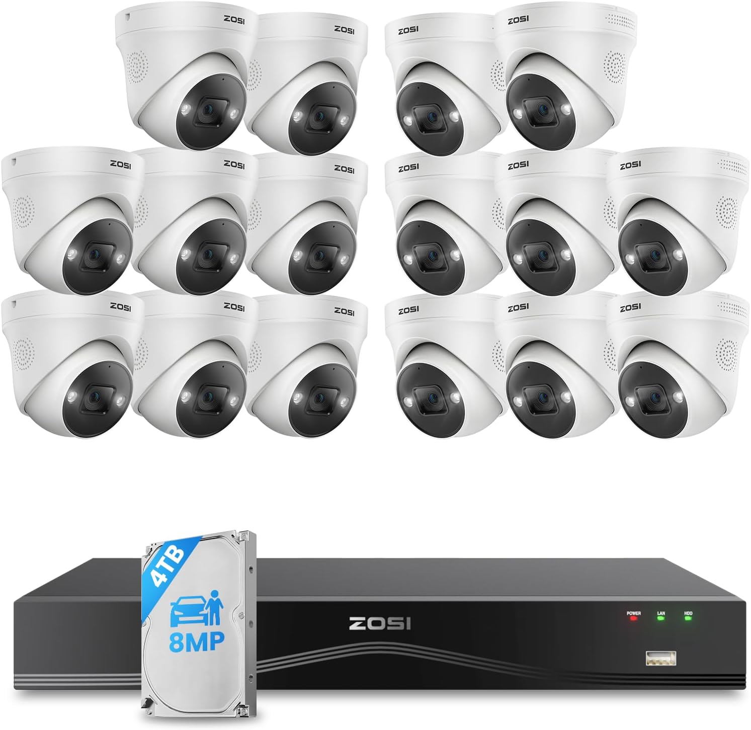 ZOSI 32 Channel 4K PoE Security Camera System,16x 8MP Outdoor Indoor Cameras,2 Way Audio,Color Night Vision,AI Person/Vehicle Detection,32CH 16 Port Commercial NVR 4TB HDD Surveillance for Business
