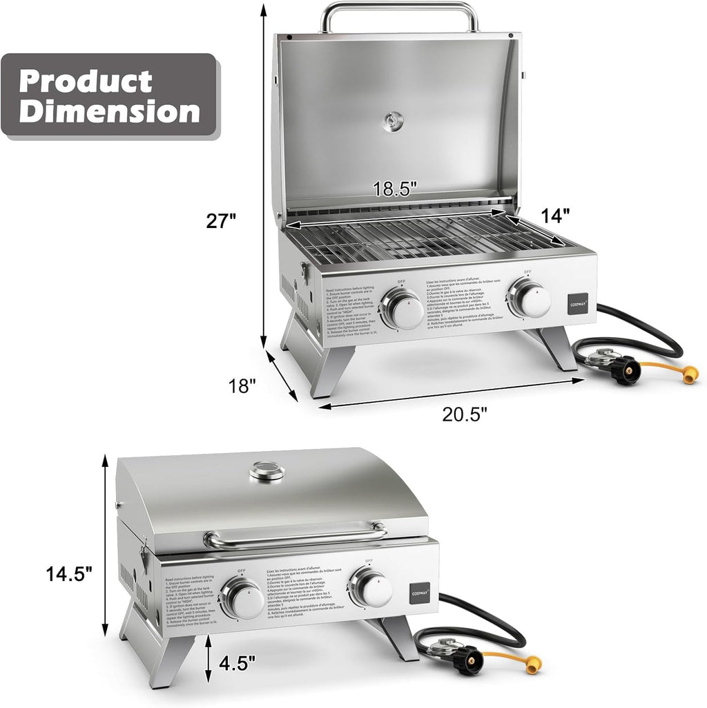 Giantex Portable Gas Grill with 2 Burner, Max. 20,000 BTU total, Folding Legs, Built-in Thermometer, Travel Locks, Stainless Steel Tabletop Propane Gas Grill for Camping Picnic Cookout RV BBQ