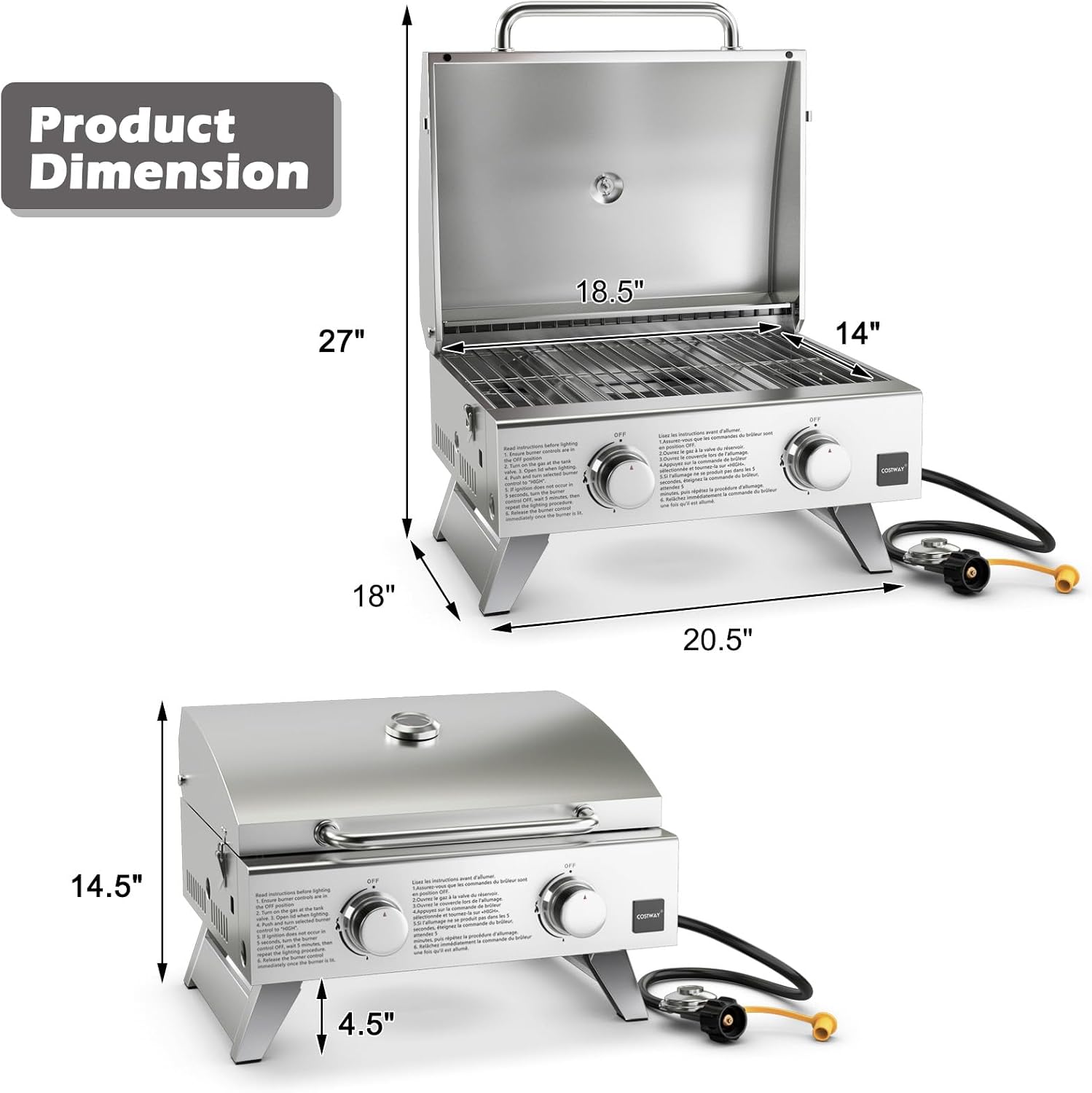 Giantex Portable Gas Grill with 2 Burner, Max. 20,000 BTU total, Folding Legs, Built-in Thermometer, Travel Locks, Stainless Steel Tabletop Propane Gas Grill for Camping Picnic Cookout RV BBQ