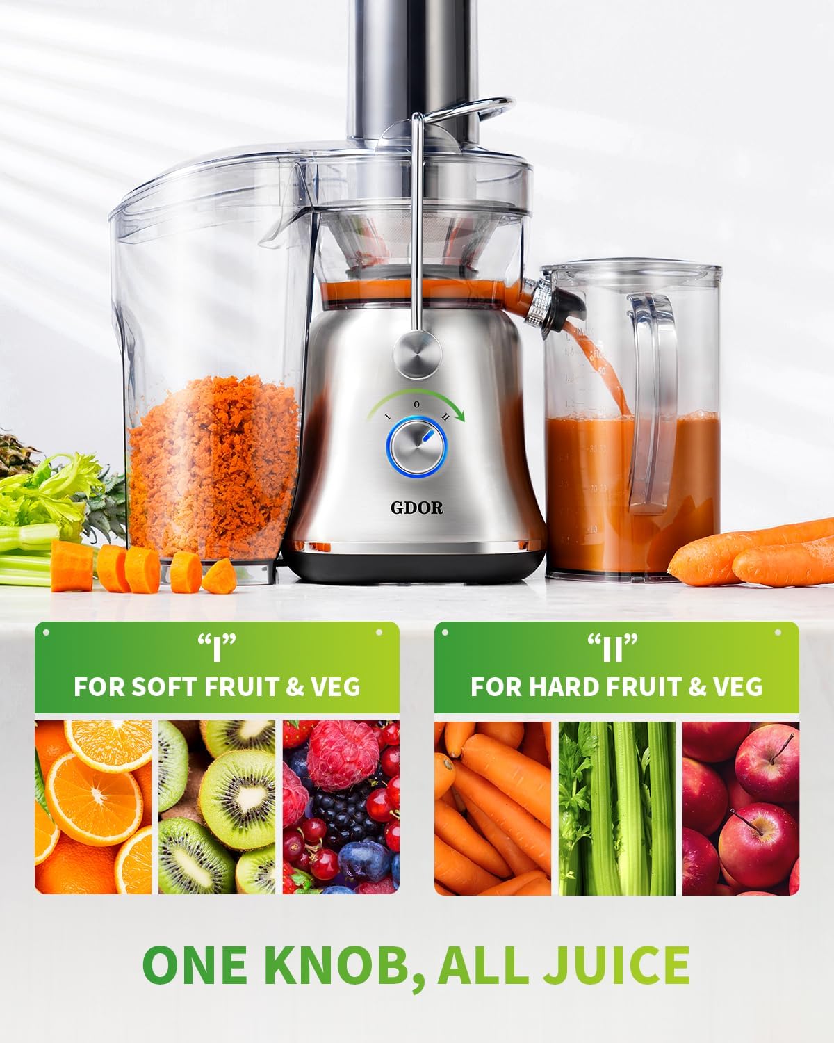 GDOR 1300W Powerful Juicer with Larger 3.4' Feed Chute, Titanium Enhanced Cutting System, Centrifugal Juice Extractor Maker with Heavy Duty Full Copper Motor, Dual Speeds, BPA-Free, Silver