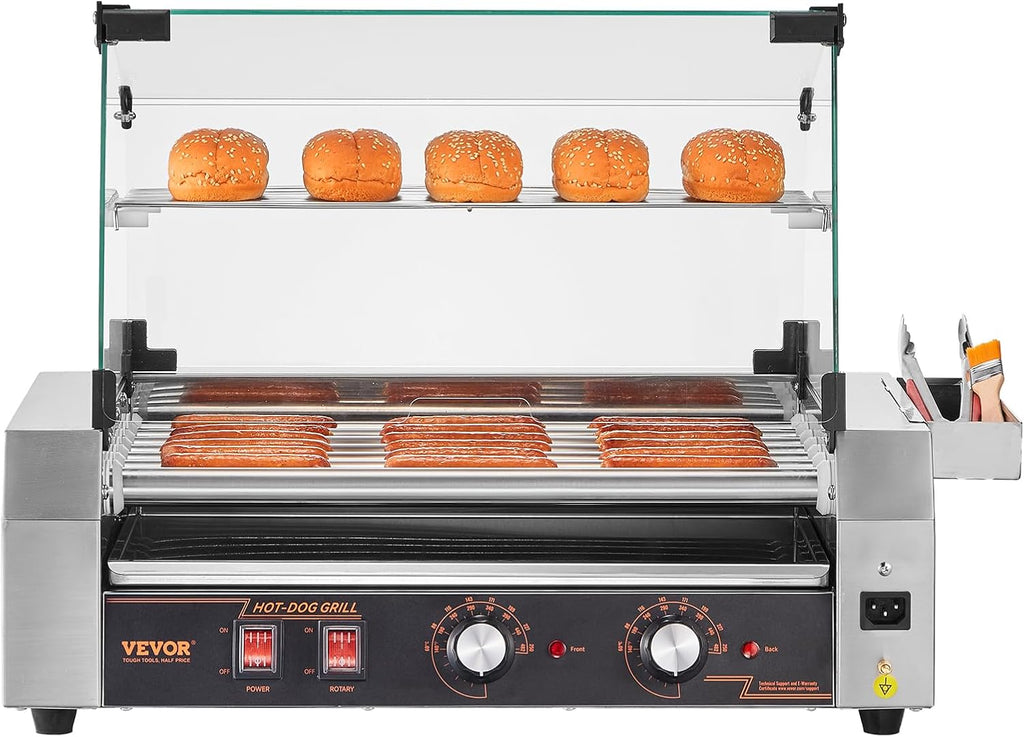 VEVOR Hot Dog Roller, 18 Hot Dog 7 Rollers, Stainless Steel Sausage Grill Cooker, 1050W Commercial Hot Dog Machine with Dual Temp Control, Cover, Side Storage Box, Removable Shelf & Oil Drip Tray