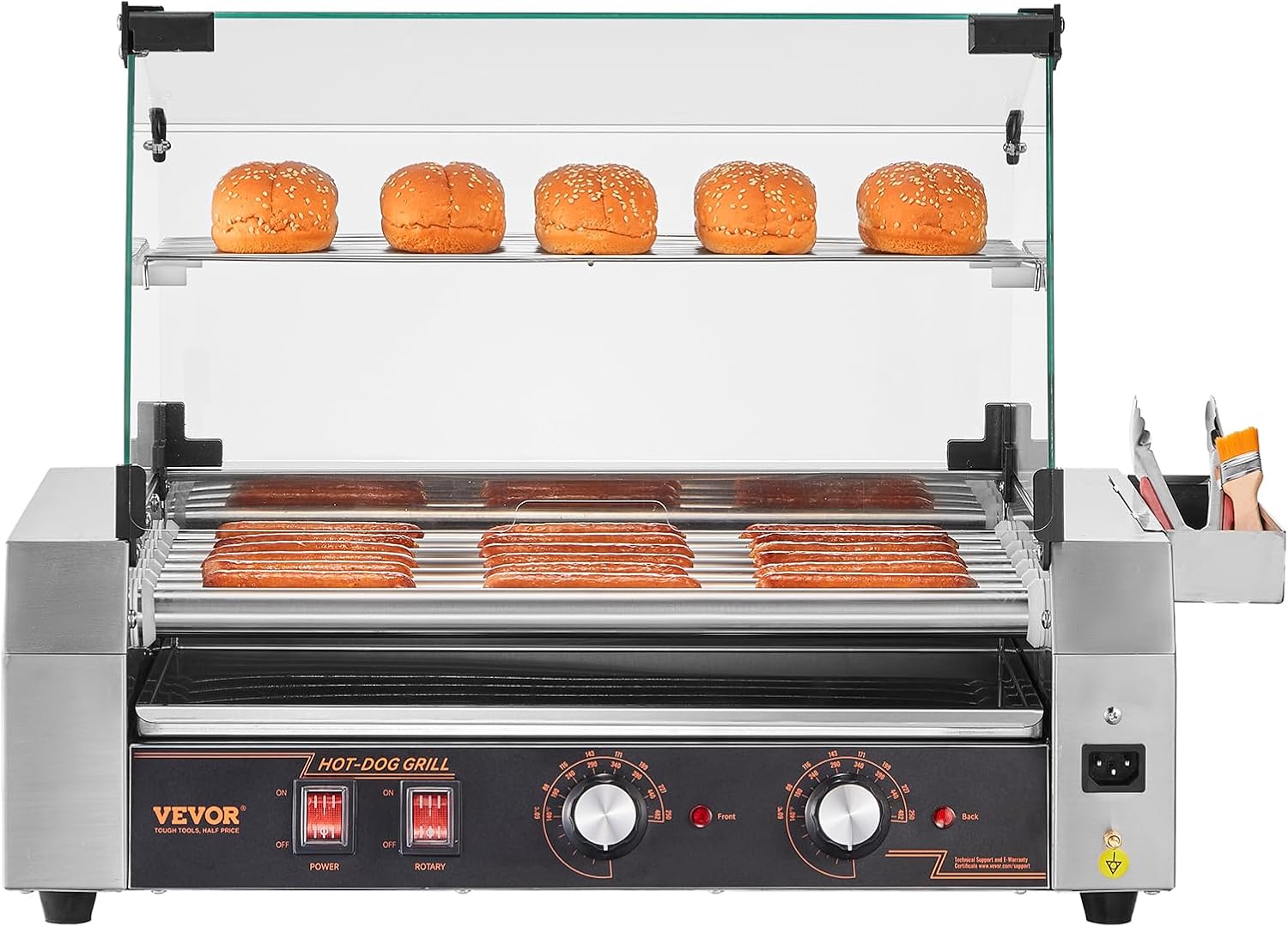 VEVOR Hot Dog Roller, 18 Hot Dog 7 Rollers, Stainless Steel Sausage Grill Cooker, 1050W Commercial Hot Dog Machine with Dual Temp Control, Cover, Side Storage Box, Removable Shelf & Oil Drip Tray