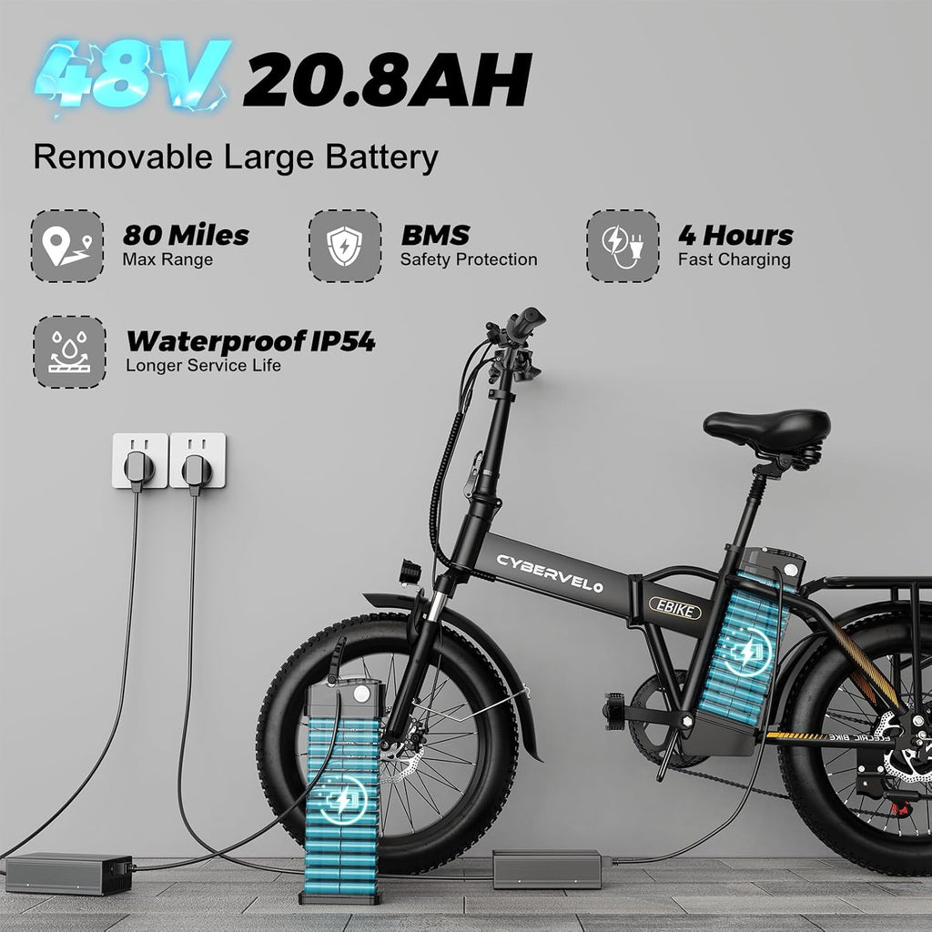 Cybervelo 750W Folding Electric Bike,48V 20AH Removable Battery EBike,20MPH,80 Miles Max Range Electric Bike for Adults, 20' Fat TireFoldable ebike, Adult Electric Bicycles